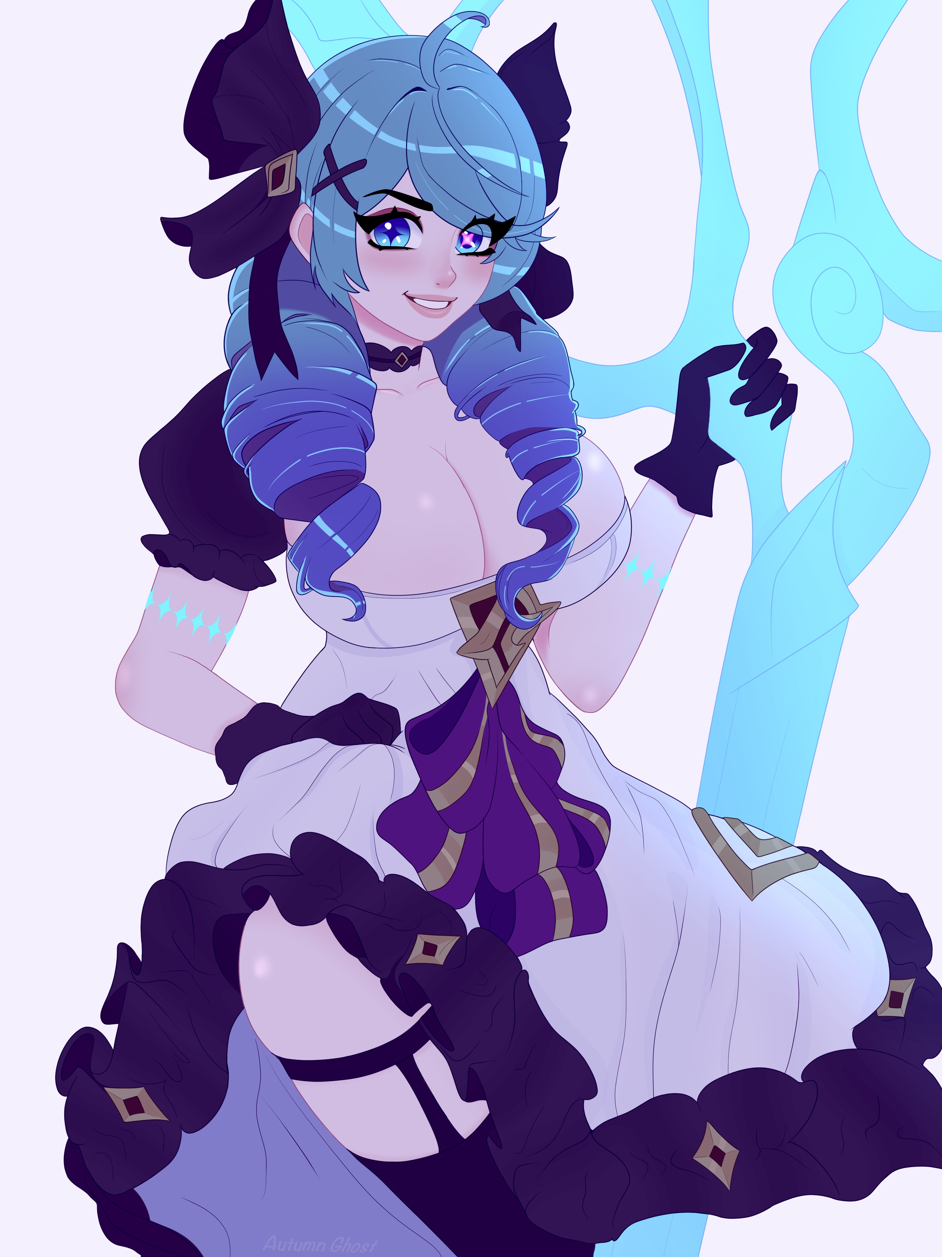 autumn ghost, big breasts, blue hair, breasts, doll, dress, dress lift, female, gwen (league of legends), league of legends, lingerie, maid, smile, stockings
