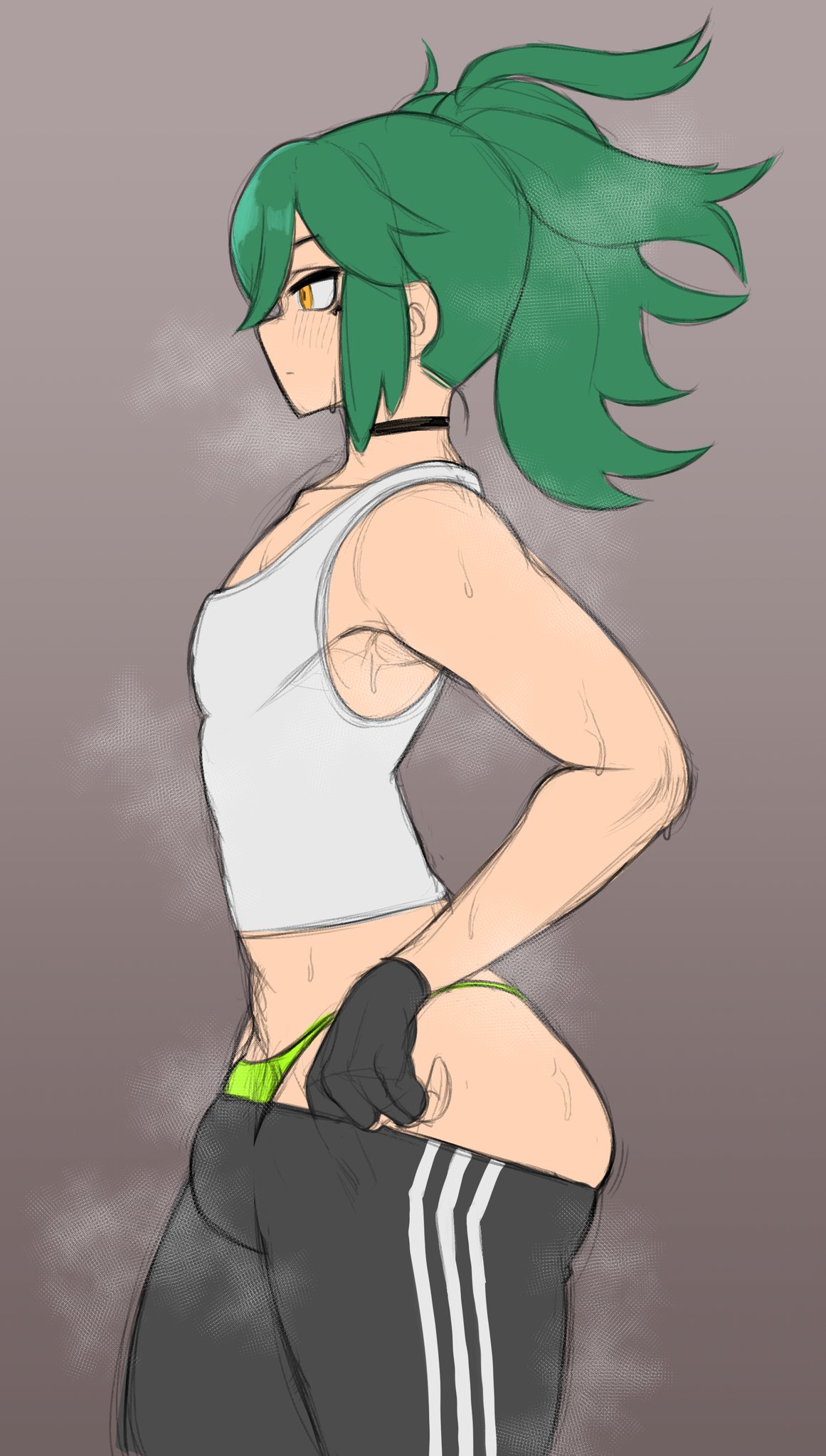 1boy, femboy, green hair, male, male focus, male only, mctamagomaki, shirt, side view, solo, steaming body, sweating, thick thighs, trap, yellow eyes