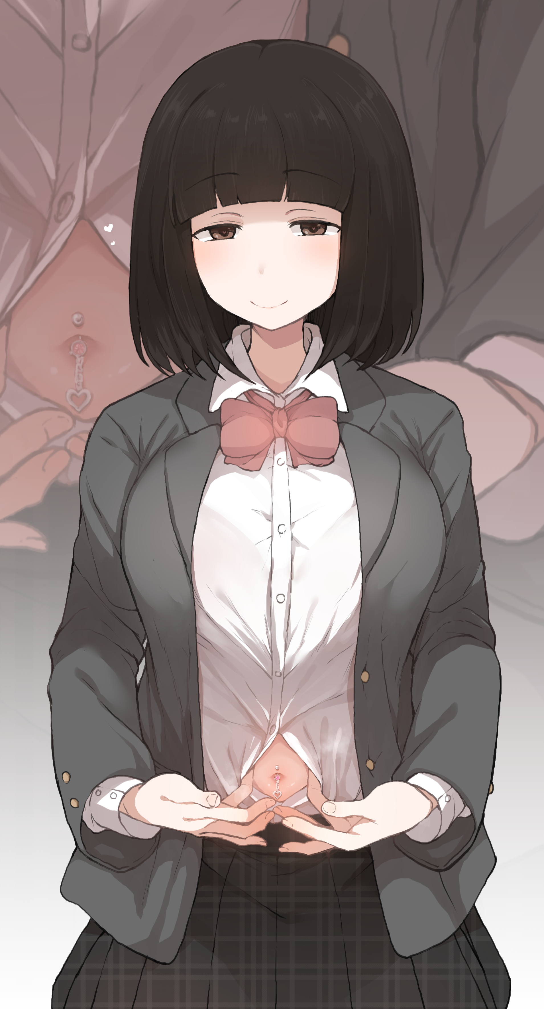 1girls, belly, belly button, belly button piercing, big breasts, black hair, blush, blushing, bowtie, bra visible through clothes, breasts, brown eyes, closed mouth, clothed, clothing, cropped legs, eyebrows visible through hair, female, female focus, female only, front view, fully clothed, heart-shaped pupils, hi res, highres, light skin, light-skinned female, looking at viewer, medium hair, midriff, midriff peek, navel, navel piercing, oc, original, original character, portrait, revealing, skirt, smile, smiling, smiling at viewer, smug, solo, solo female, solo focus, source request, stripping, suggestive look, terasu mc, unbuttoned shirt, uniform