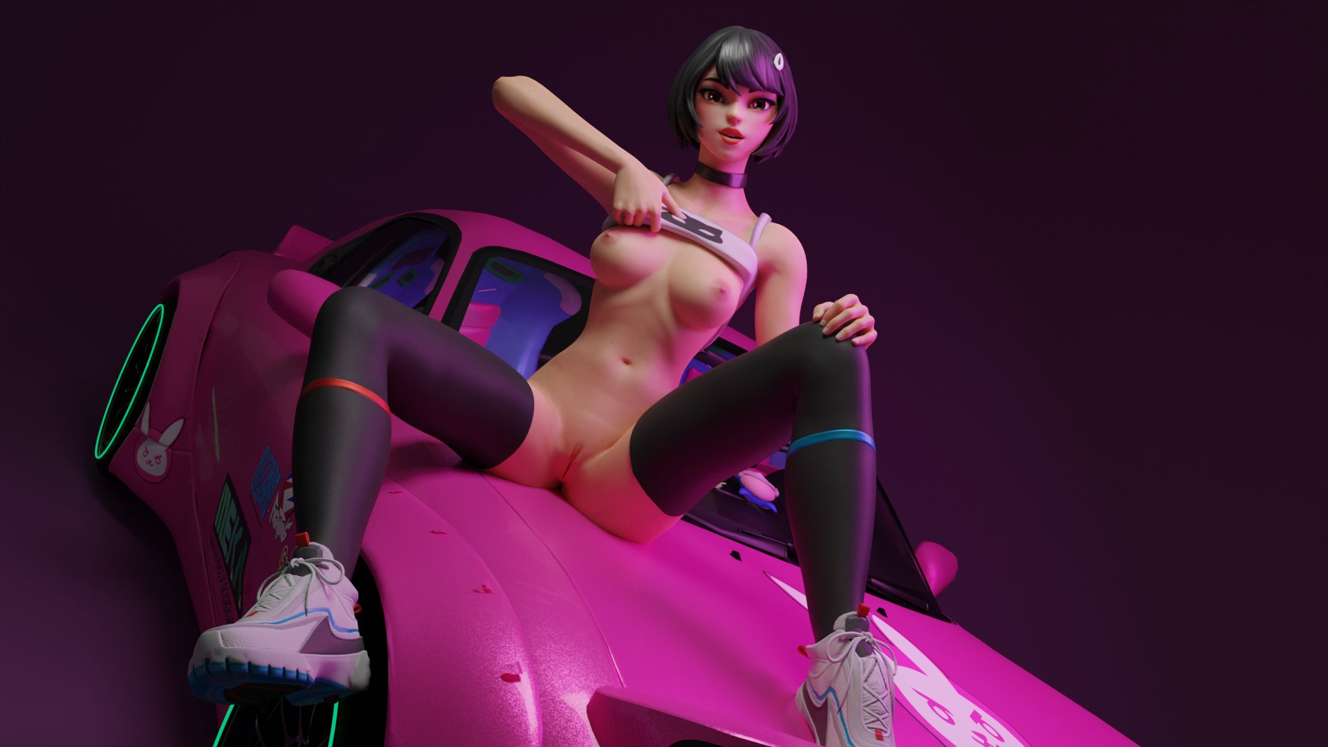 1girls, 3d, black hair, blender, breasts, brown eyes, car, choker, crop top, evie (fortnite), female, fortnite, fortnite: battle royale, hair clip, lipstick, looking at viewer, necklace, nipples, nyhangeh, pussy, shoes, socks