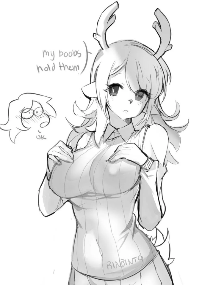 anthro blush breasts deltarune erect_nipples fur hair monochrome nipple_bulge nipples nipples_visible_through_clothing noelle_holiday png reindeer rinbinto susie_(deltarune) tail text webp_at_source