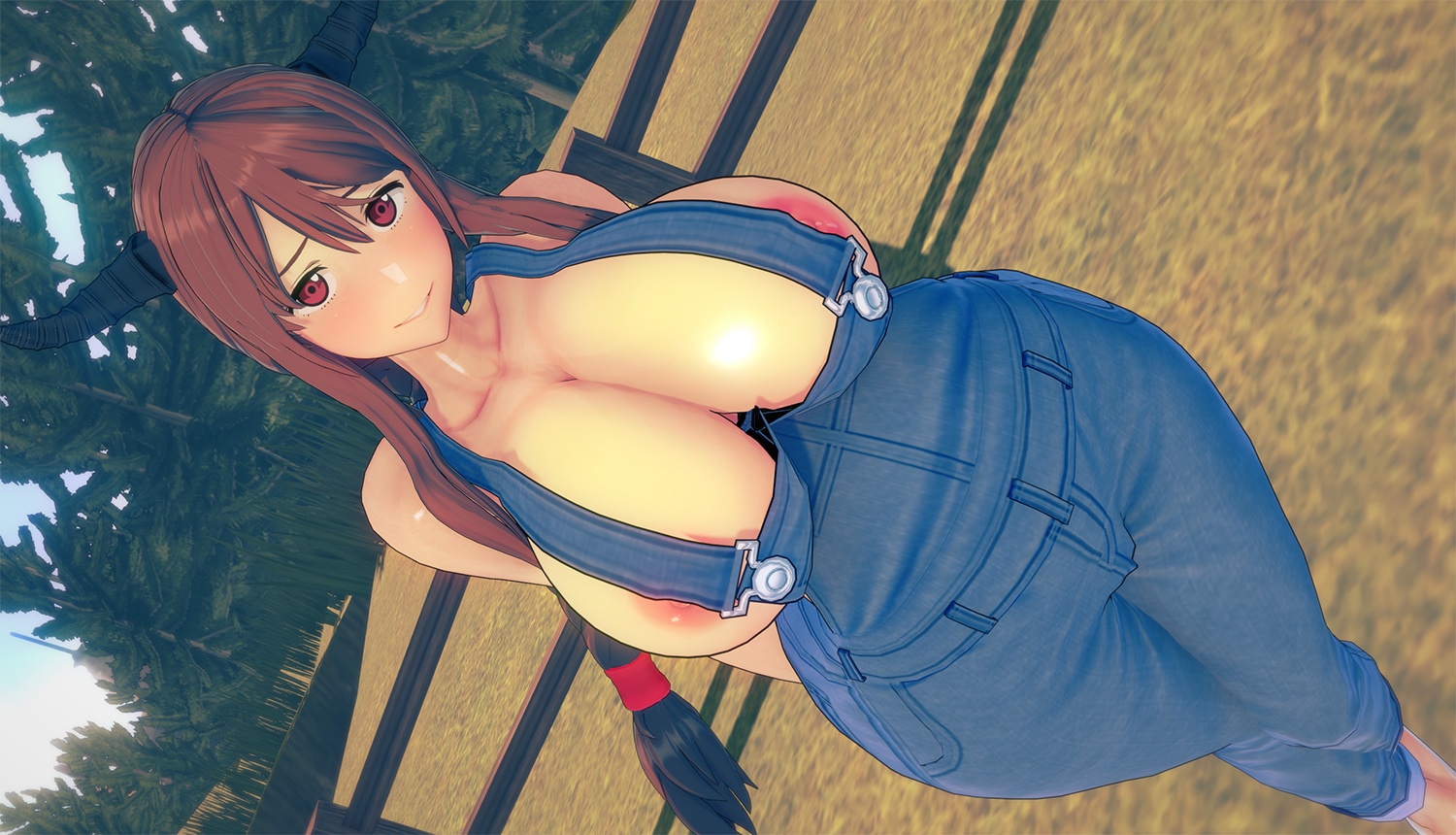 1girls, 3d, areolae, big breasts, breasts, cocoron, demon, demon girl, demon horns, female, horns, huge breasts, koikatsu, looking at viewer, maou (maoyuu), maoyuu maou yuusha, naked overalls, nipples, overalls, overalls only, partially clothed, seductive, solo, tagme