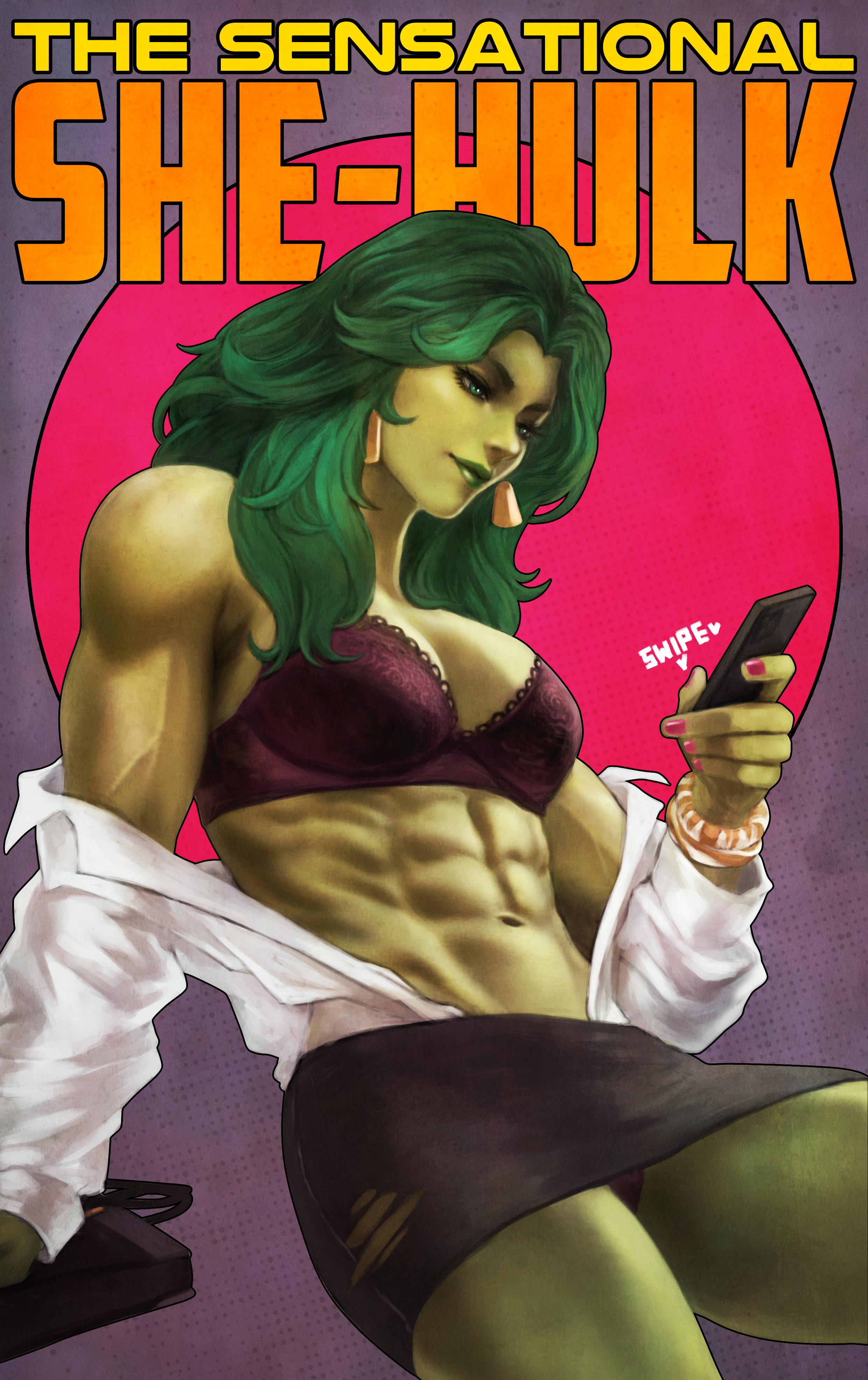 1girls, abs, armwear, athletic, athletic female, attorney, bag, biceps, big breasts, black bra, black clothing, bra, bracelet, breasts, business suit, cellphone, character name, clothed, colored skin, dangle earrings, earrings, english text, female, female only, fit, fit female, green body, green eyes, green hair, green lips, green skin, hair, half dressed, handbag, heart, holding object, holding phone, hulk (series), invisible chair, lace trim, lace-trimmed bra, long hair, marvel, marvel comics, miniskirt, monorirogue, muscular, muscular female, navel, off shoulder, office clothing, open clothes, open shirt, painted nails, panties, pantyshot, phone, pink nails, purple background, purple bra, purple underwear, shaded, she-hulk, simple background, sitting, skirt, smartphone, smile, solo, text, thighs, title, torn clothes, torn skirt, underwear, upskirt, vein, veins, veiny arms, white clothing