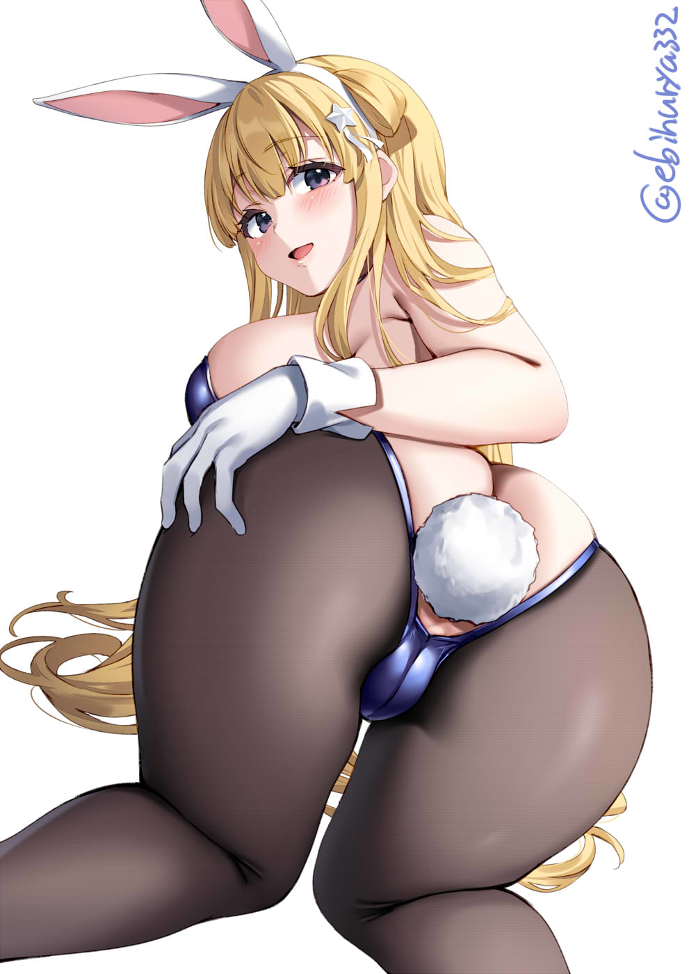 1girls, anal, anal object insertion, anal tail, animal ears, ass, ass crack, bangs, black legwear, blonde hair, blue eyes, blunt bangs, breasts, butt crack, ebifurya, eyebrows visible through hair, fake animal ears, fake tail, female, fletcher (kantai collection), from behind, highres, kantai collection, large breasts, leotard, light skin, light-skinned female, long hair, looking at viewer, object insertion, pantyhose, playboy bunny, rabbit ears, rabbit tail, simple background, solo, solo female, tail, twitter username, white background