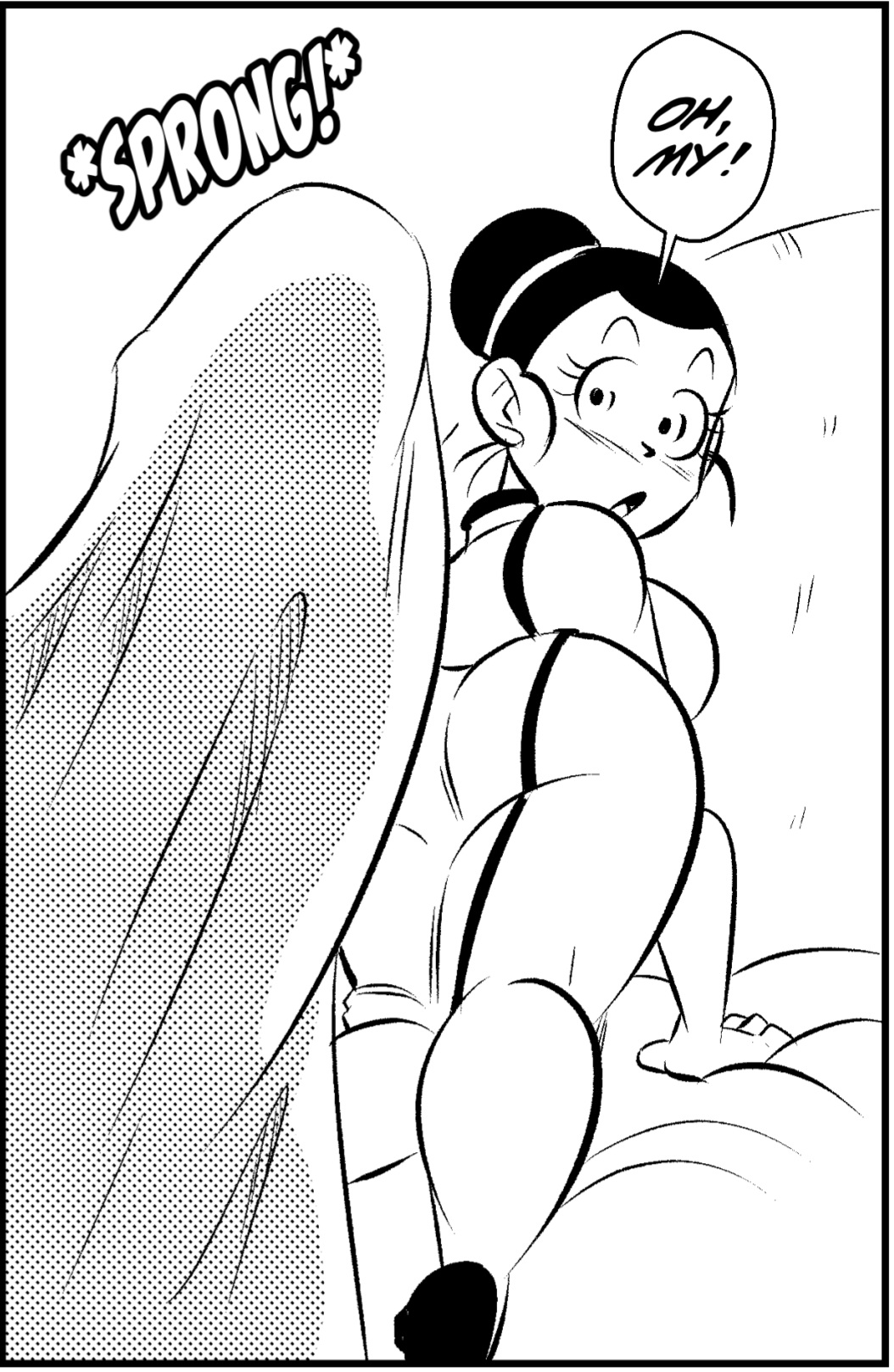 1boy, 1girls, ass, big penis, breasts, chichi, dragon ball, erection, erection under clothes, female, funsexydragonball, hard on, huge ass, human, male, penis, shounen jump, son goku, surprised look, thick thighs