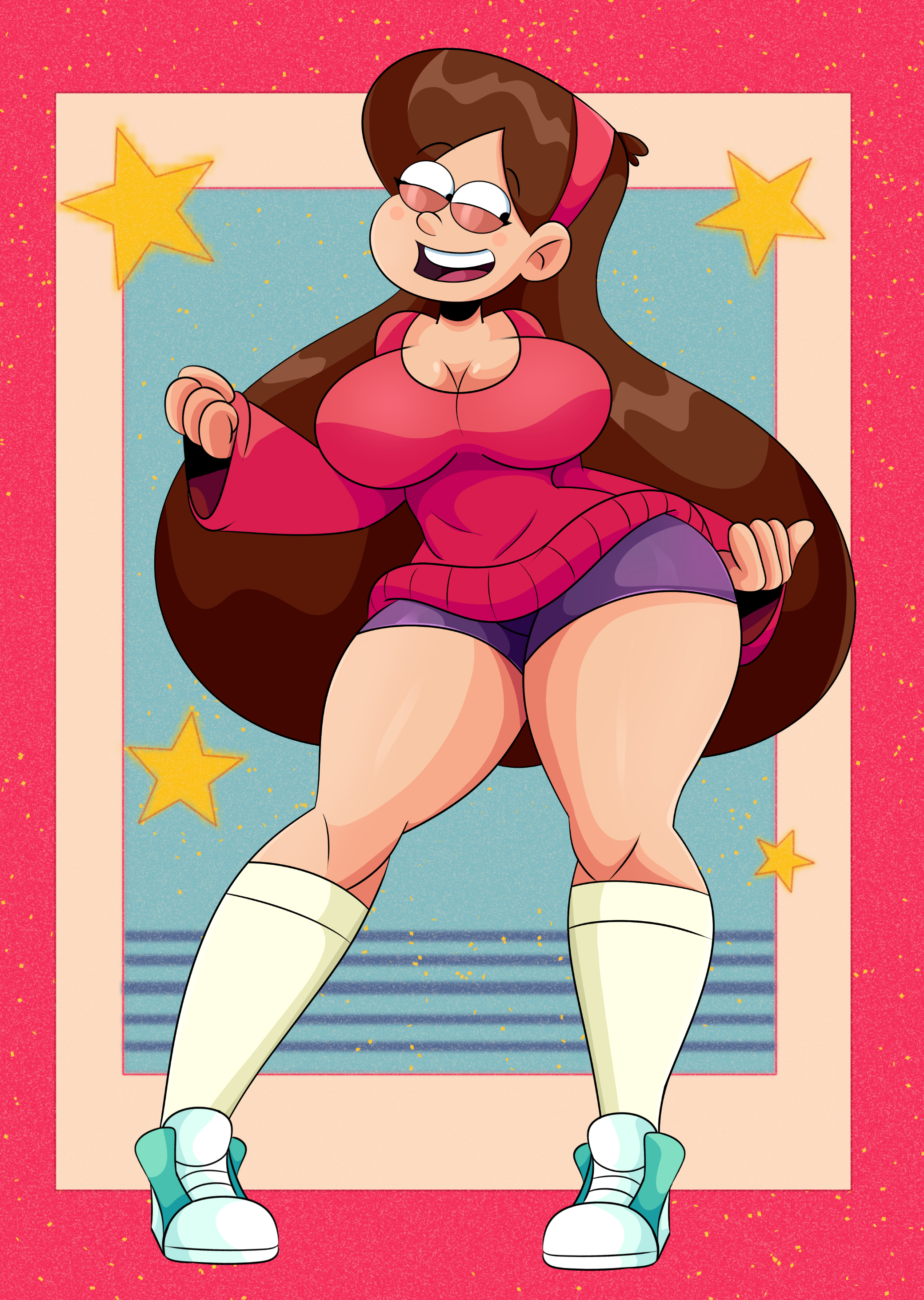 1girls, 2021, bandana, big breasts, breasts, cleavage, disney channel, female, female focus, full body, fully clothed, gravity falls, human, long hair, looking at another, mabel pines, pinup, shoes, skirt, smiling, socks, solo, solo female, solo focus, sonson-sensei, standing, sweater, thick thighs, voluptuous