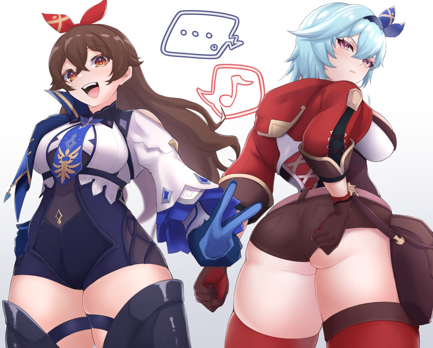 2girls absurdres amber_(genshin_impact) amber_(genshin_impact)_(cosplay) ass blouse blue_footwear blue_gloves blue_hair blue_shorts boots breasts brown_eyes brown_gloves brown_hair brown_shorts clenched_hand cosplay costume_switch eula_(genshin_impact) eula_(genshin_impact)_(cosplay) female_only genshin_impact gloves hair_ribbon high-waist_shorts highres hood hoodie kirima large_breasts looking_at_viewer looking_back looking_down medium_breasts multiple_girls musical_note pouch red_hoodie red_legwear red_ribbon ribbon shirt short_hair short_shorts shorts skindentation smile speech_bubble spoken_ellipsis spoken_musical_note thigh_boots thighhighs v white_background white_shirt