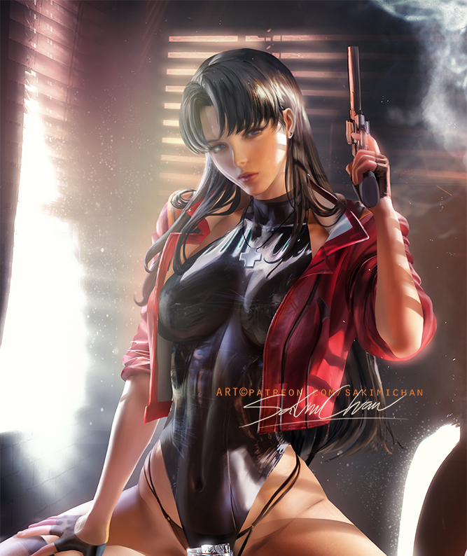 1girls, 2022, 2d, 2d (artwork), alcohol, artist name, artist signature, black hair, clothing, female, female only, firearm, gun, handgun, handwear, human, human only, jacket, light skin, light-skinned female, long hair, misato katsuragi, neon genesis evangelion, no sex, outerwear, pale skin, panties, purple eyes, revolver, sakimichan, sitting, smoke, solo, solo female, straight hair, weapon