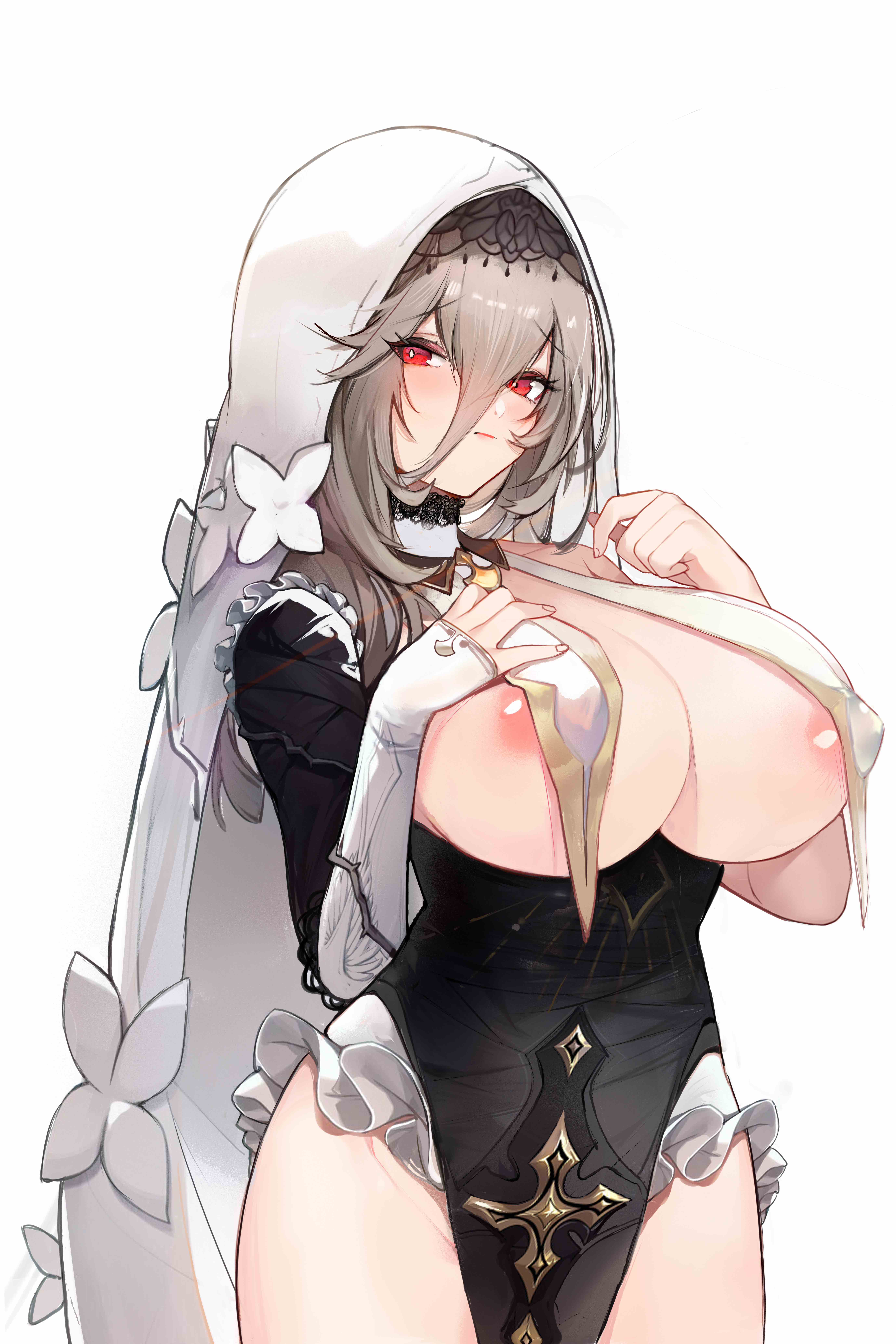 1girls, 2022, 24sui, absurdres, alternate eye color, aponia, areola slip, bangs, blonde hair, breast curtains, breasts, cleavage, closed mouth, covered nipples, female, female focus, female only, hair between eyes, highres, honkai (series), honkai impact 3rd, large breasts, long bangs, long hair, nipples, nun, red eyes, solo, solo female, veil, white background