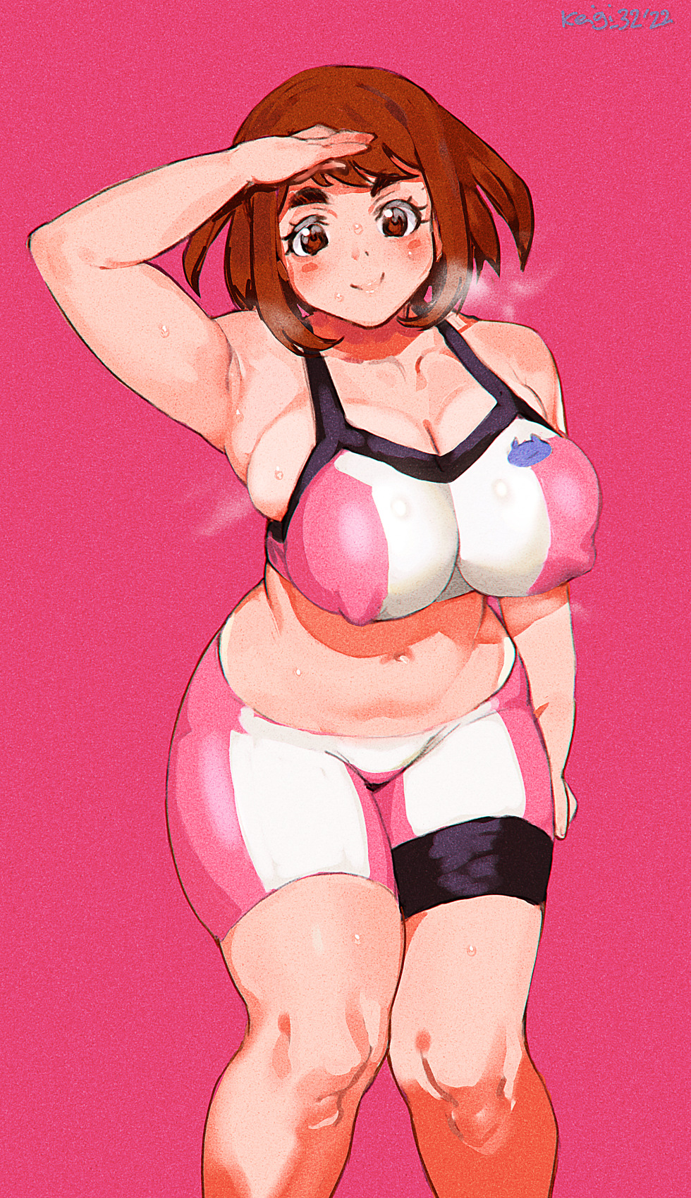 1girls, big breasts, breasts, brown eyes, brown hair, clothing, cosplay, female, female only, gundam, gundam build fighters, gundam build fighters try, hoshino fumina (cosplay), huge breasts, keigi (artist), looking at viewer, my hero academia, nipple bulge, nipples visible through clothing, ochako uraraka, smile, solo, sweat, thick thighs, venus body, wide hips