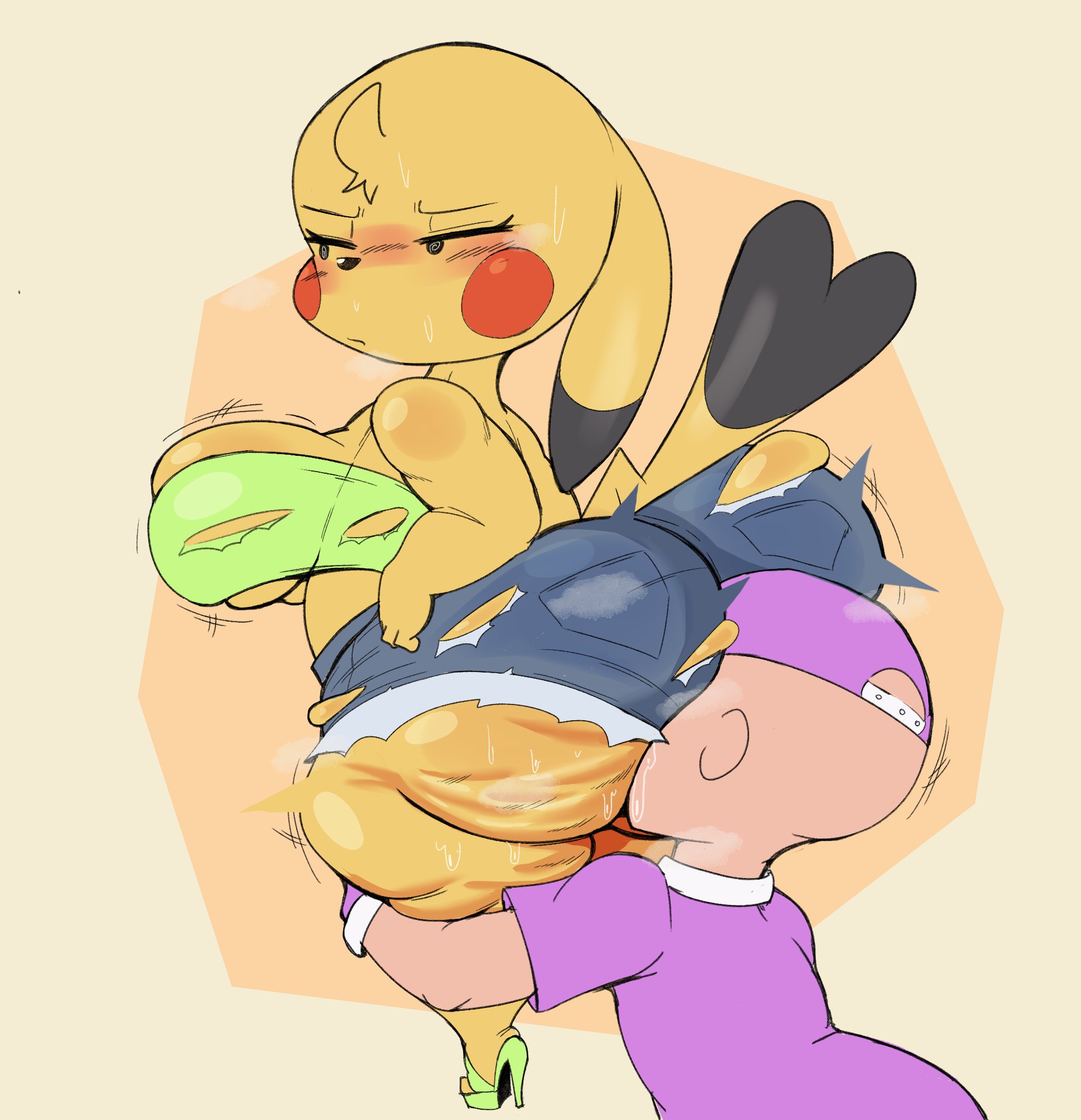 1boy, 1girls, 2d, ass, ass focus, big ass, blush, booty shorts, bubble ass, bubble butt, cellulite, clothing, cosplay pikachu, crop top, face in ass, female, heels, huge ass, male, musk, musk clouds, nintendo, pikachu, pokémon (species), pokemon, pokemon (species), purple yoshi draws, shoes, shorts, shortstack, smothering, smothering ass, sweat, torn clothes, torn clothing