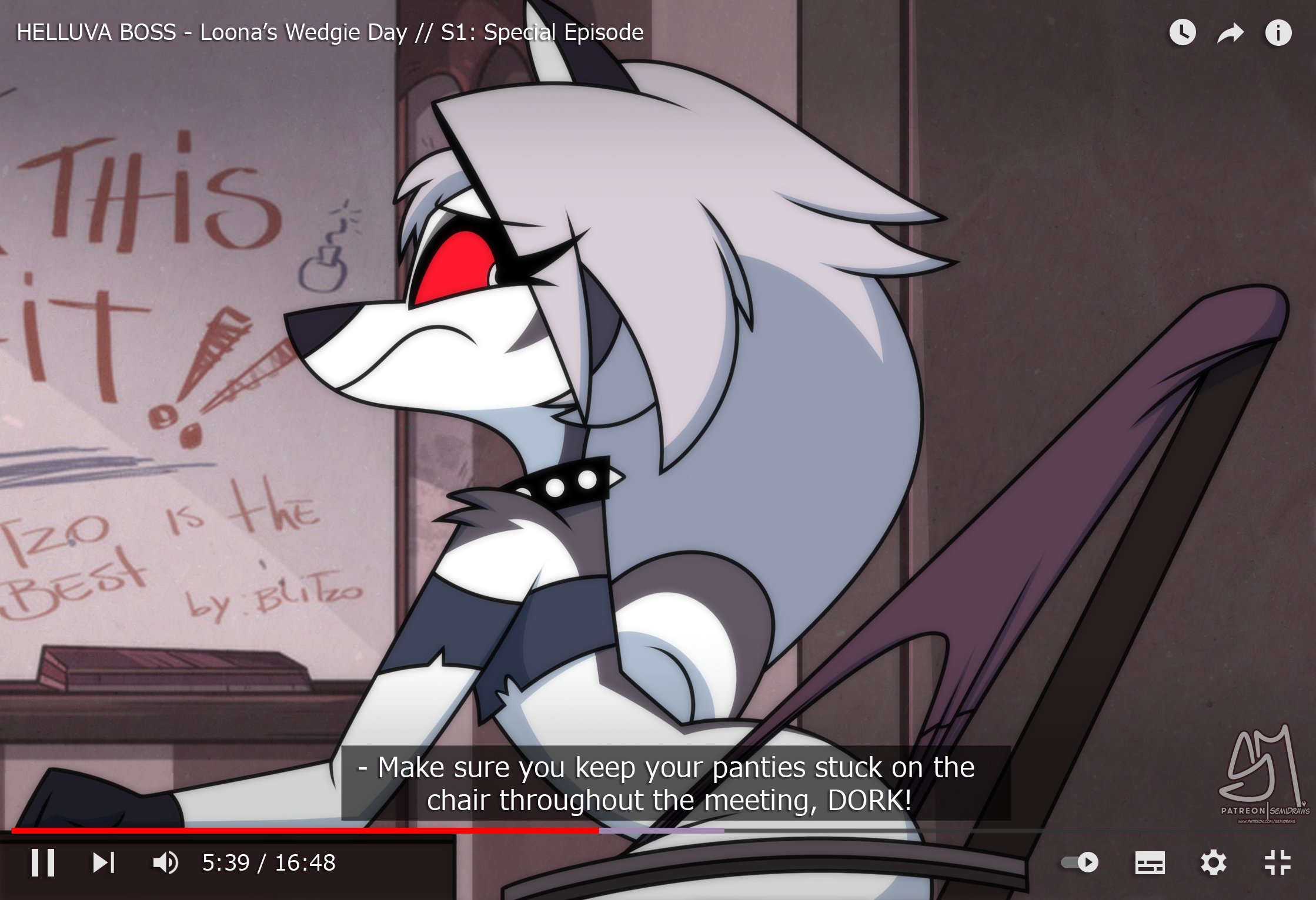 artstyle imitation, ass, canid, canid demon, chair, chair wedgie, choker, clothed, clothing, crop top, dialogue, english text, female, fur, furry, furry only, helluva boss, hi res, loona (helluva boss), panties, red eyes, red sclera, semidraws, sitting, style parody, tail, text, wedgie, wedgie fetish, wolf, worried