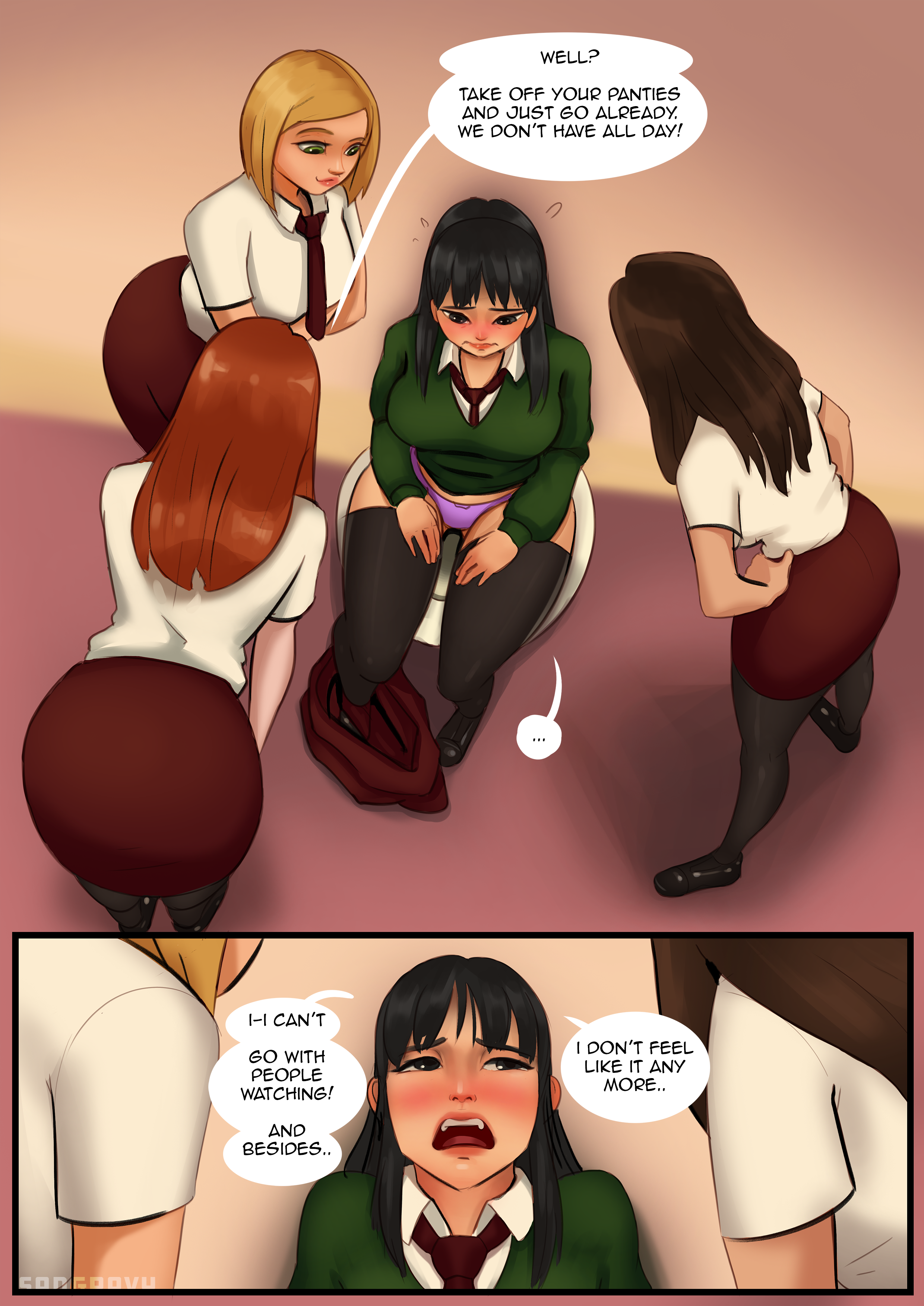 2koma, 4girls, asian female, black hair, blonde hair, blush, brown hair, bullying, comic, embarrassed, english text, female, female only, have to pee, long socks, multiple females, multiple girls, orange hair, original, original characters, our new best friend (sadgravy), pee denial, pee denial on toilet, sadgravy, school uniform, skirt removed, speech bubble, toilet