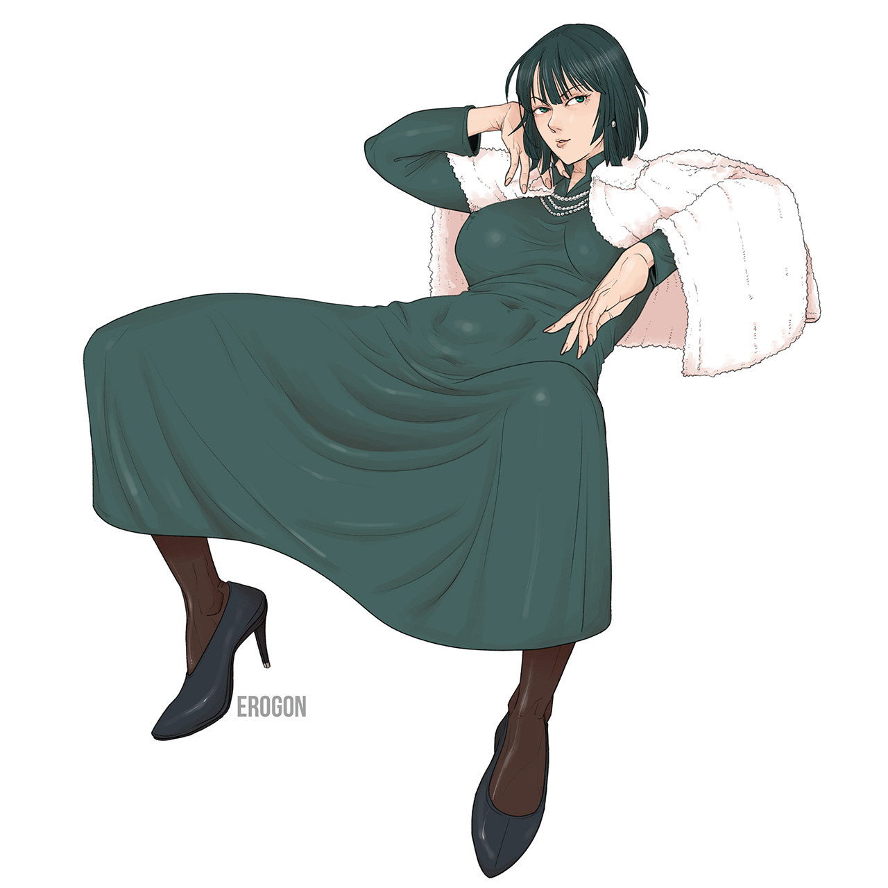1girls, 2022, 2d, adult, adult female, alternate version available, artist name, big breasts, breasts, clothing, coat, curvaceous, curvy, curvy female, curvy figure, dress, erogon, esper, female, female only, fit, fit female, front view, fubuki (one-punch man), full body, fully clothed, green eyes, green hair, heels, heroine, high heels, human, human female, human only, jewelry, legwear, light skin, light-skinned female, long dress, looking at viewer, looking away, medium hair, necklace, no sex, one-punch man, realistic breast size, realistic proportions, safe for work, sfw, short hair, simple background, sitting, smile, smiling, smiling at viewer, smirk, solo, solo female, spread legs, straight hair, superheroine, tight clothing, voluptuous, white background, younger female