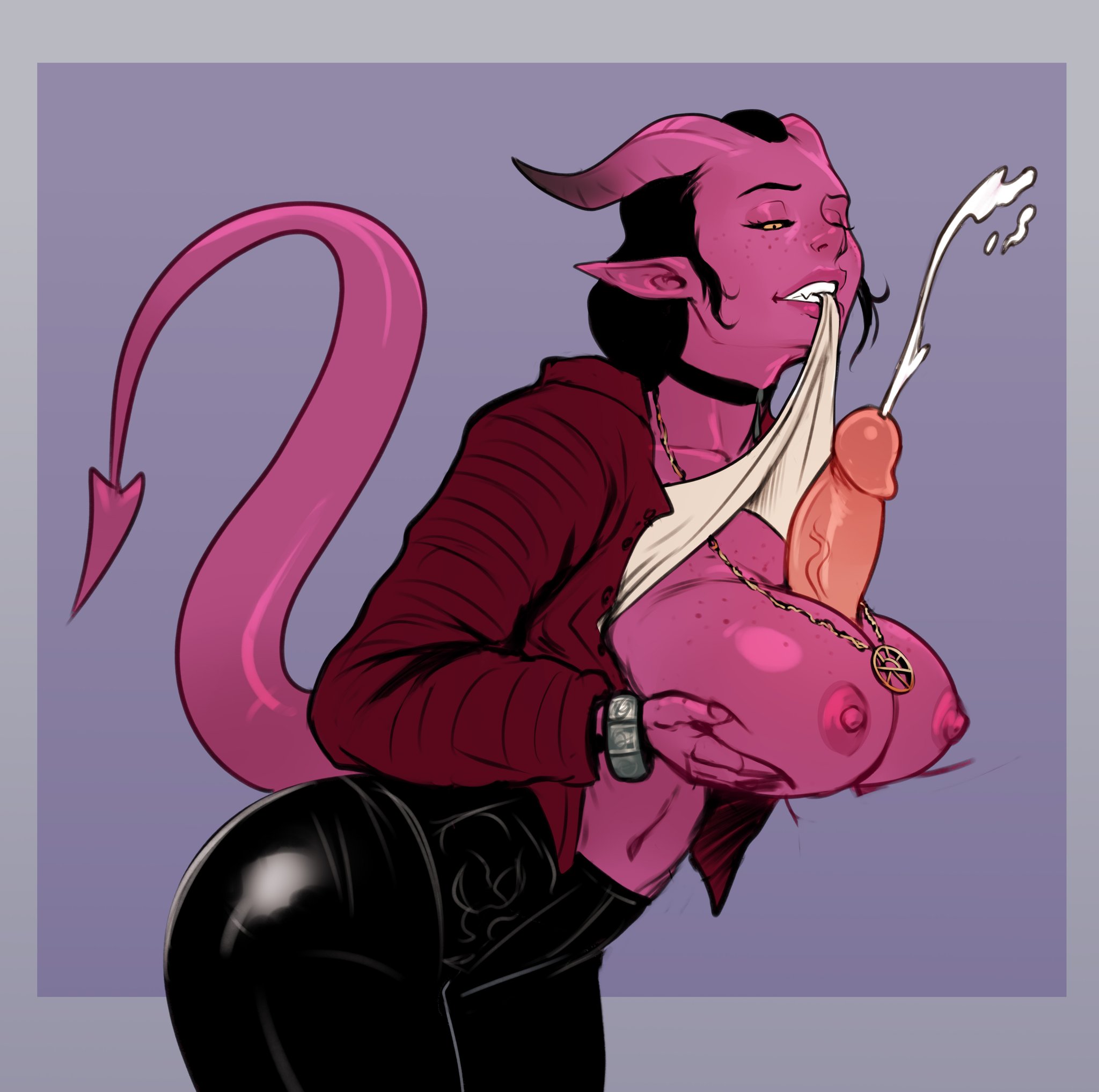 1girls, areolae, big breasts, black hair, breasts, breasts out, busty, ceres lumier (foolymagooly), choker, clothed paizuri, cum, cumshot, devil, disembodied penis, dungeons and dragons, ejaculation between breasts, female, female focus, foolymagooly, glans, horns, hourglass figure, izra, jacket, leather pants, male, necklace between breasts, nipples, paizuri, penis, pink skin, pointy ears, sharp teeth, shirt in mouth, shirt lift, tagme, tail, tiefling, wide hips, yellow iris