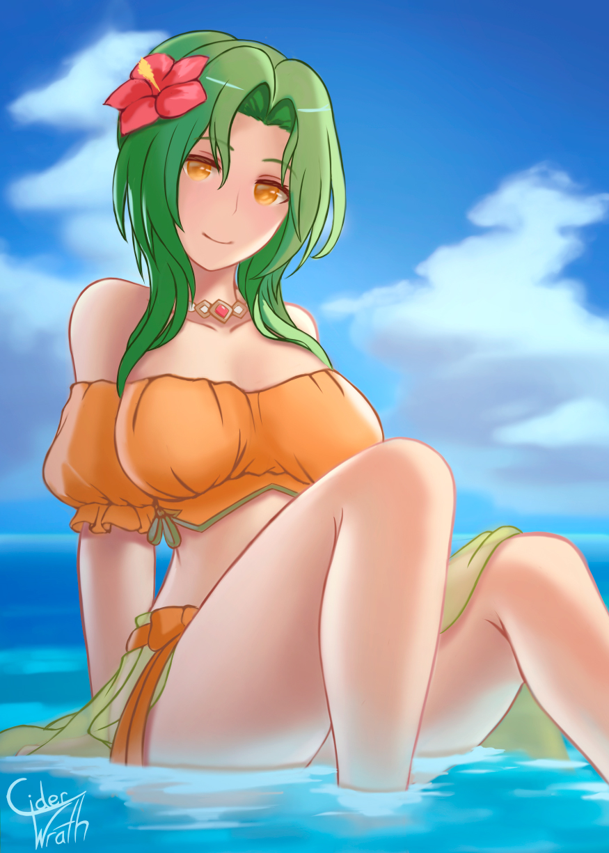 1girls alternate_costume bare_arms bare_legs bare_midriff bare_shoulders bikini breasts ciderwrath collarbone day elincia_ridell_crimea elincia_ridell_crimea_(summer) female female_only fire_emblem fire_emblem:_path_of_radiance fire_emblem:_radiant_dawn fire_emblem_heroes flower green_hair hair_flower large_breasts legs looking_at_viewer medium_hair midriff nintendo ocean official_alternate_costume orange_bikini orange_eyes orange_swimsuit outdoors partially_submerged sarong see-through shoulders sitting smile solo swimsuit water