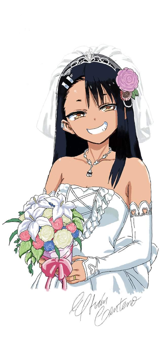 1girls, artist request, black hair, blush, breasts, brown eyes, clothed, clothing, female, female focus, female only, hayase nagatoro, hi res, long hair, looking at viewer, medium breasts, necklace, please don't bully me, nagatoro, pose, revealing clothes, simple background, smile, solo, tan, tanned, watermark, wedding dress, white background