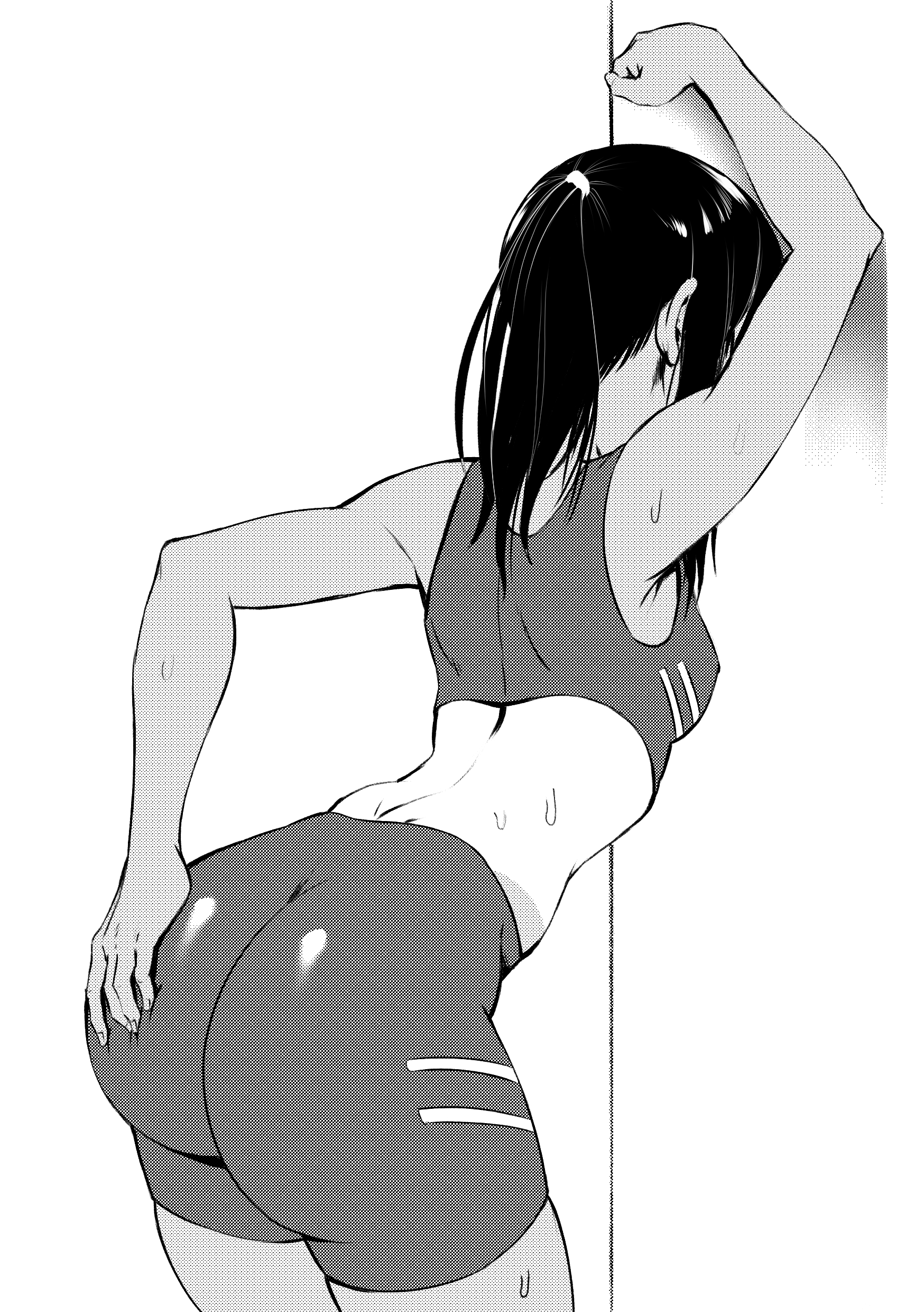 1girls, ass, big ass, black hair, blush, breasts, clothed, clothing, female, female only, hayase nagatoro, hi res, long hair, medium breasts, monochrome, please don't bully me, nagatoro, pose, revealing clothes, sideboob, simple background, smile, solo, speedl00ver, sportswear, sweat, tan, tanline, tanned, white background