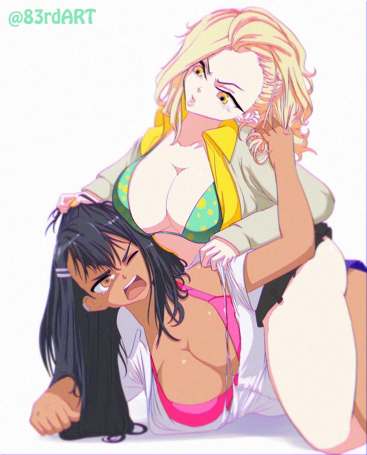 2girls 83rdart anna_anjou big_breasts black_hair blonde_hair breasts brown_eyes catfight cleavage crossover curvy earrings female_focus female_only hayase_nagatoro long_hair multiple_girls please_don't_bully_me,_nagatoro simple_background skirt spread_legs tan tanned watermark white_background wide_hips yancha_gal_no_anjou-san