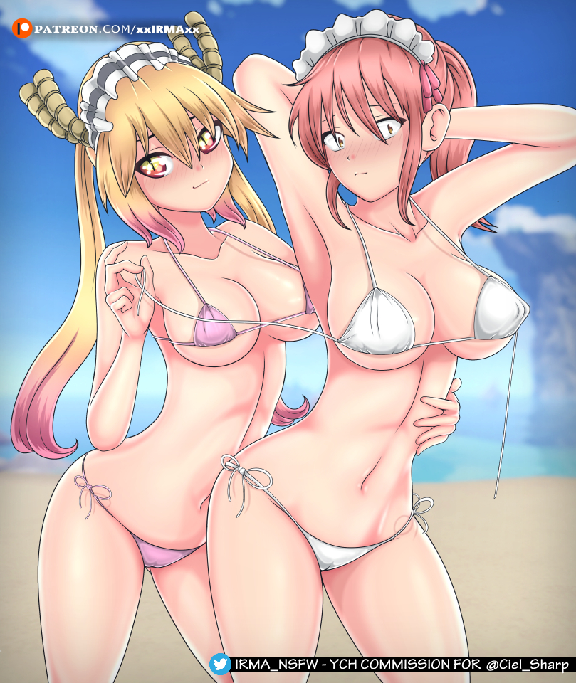 2girls beach bikini breasts commission kobayashi-san_chi_no_maidragon miss_kobayashi's_dragon_maid orange_eyes tits tohru_(dragon_maid) xxirmaxx ych_result