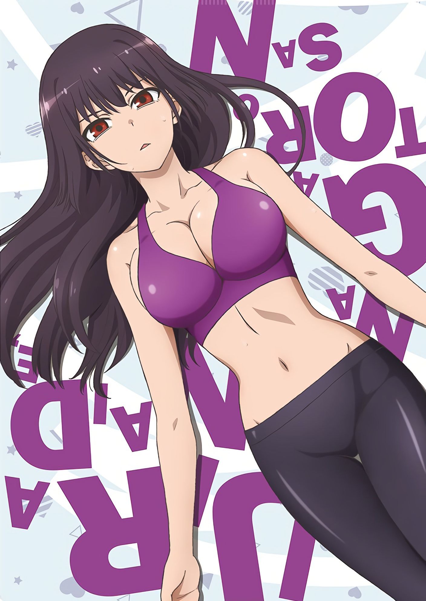 1girls, 774 (nanashi), big breasts, black hair, blush, breasts, cleavage, clothed, clothing, english text, female, female focus, female only, hi res, long hair, looking at viewer, navel, please don't bully me, nagatoro, pose, president (nagatoro), purple hair, red eyes, red hair, revealing clothes, sana sunomiya, simple background, smile, solo, sports bra, sportswear, text
