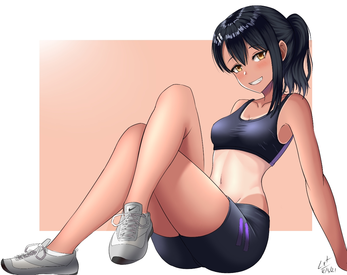1girls, black hair, blush, breasts, brown eyes, clothed, clothing, female, female focus, female only, hayase nagatoro, hi res, long hair, looking at viewer, lxt, medium breasts, please don't bully me, nagatoro, pose, revealing clothes, simple background, sitting, smile, solo, sports bra, sportswear, tan, tanline, tanned, watermark