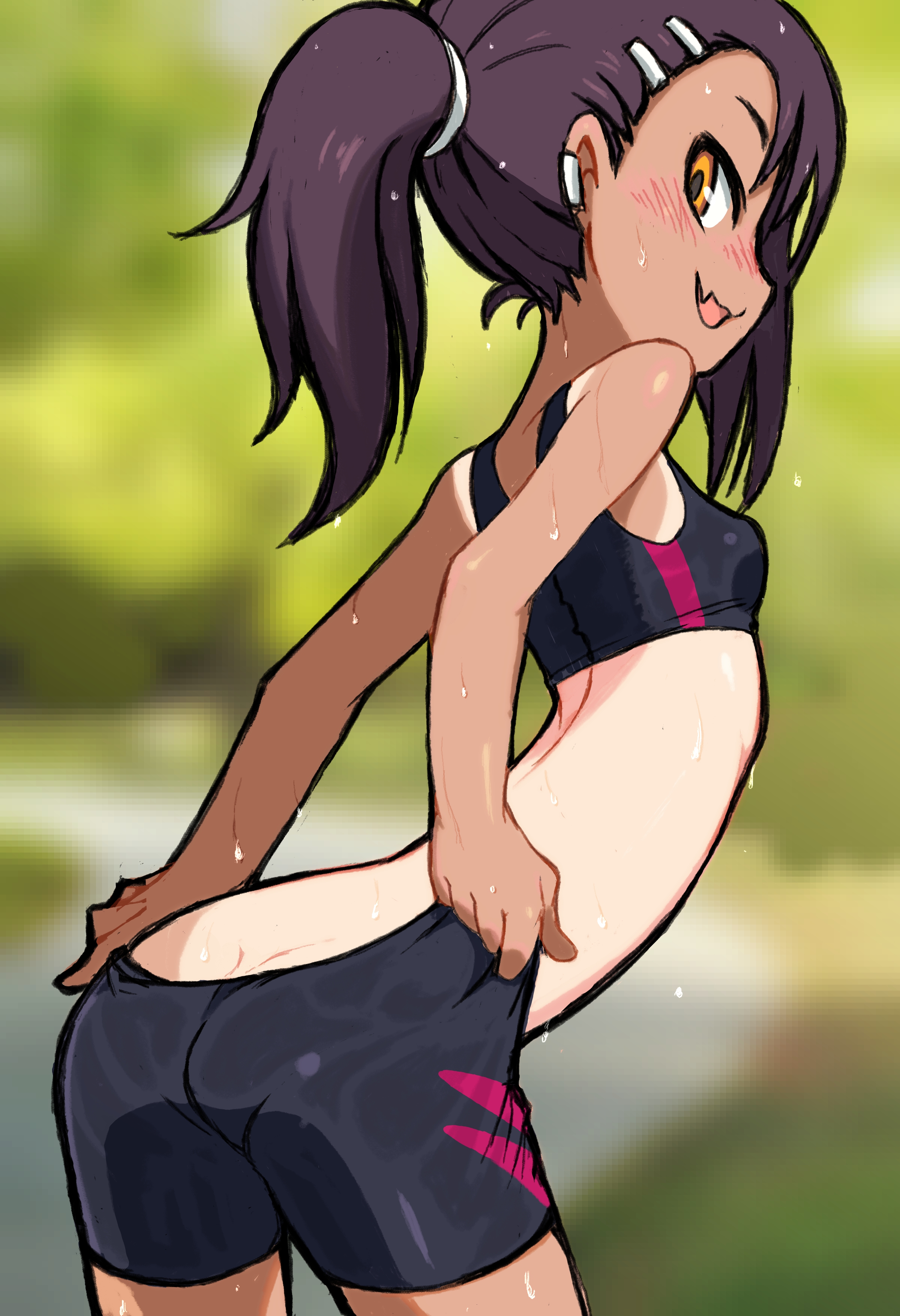 1girls, 2020s, 2022, ass, ass cleavage, ass crack, beel (artist), bike shorts, black hair, blush, breasts, brown eyes, butt crack, clothed, clothing, female, female focus, female only, hayase nagatoro, hi res, long hair, looking at viewer, looking back, medium breasts, please don't bully me, nagatoro, ponytail, pose, revealing clothes, sideboob, simple background, smile, solo, solo female, sportswear, sweat, tan, tanline, tanned, teenager, tomboy, two-tone clothing