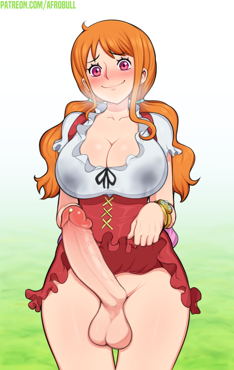 1futa, afrobull, balls, big breasts, blush, bottomless, bracelet, breasts, cleavage, clothed, clothing, collarbone, cowboy shot, cum, edit, erection, front view, futa only, futanari, going commando, huge cock, human, human only, intersex, lactating, lactation, large breasts, light skin, light-skinned futa, long hair, looking at viewer, mostly clothed, nami (one piece), no panties, one piece, orange hair, penis, penis out, post-timeskip, presenting, presenting penis, skirt, skirt lift, smile, solo, standing, testicles, third-party edit, twintails, very long hair, wet clothes, whole cake island
