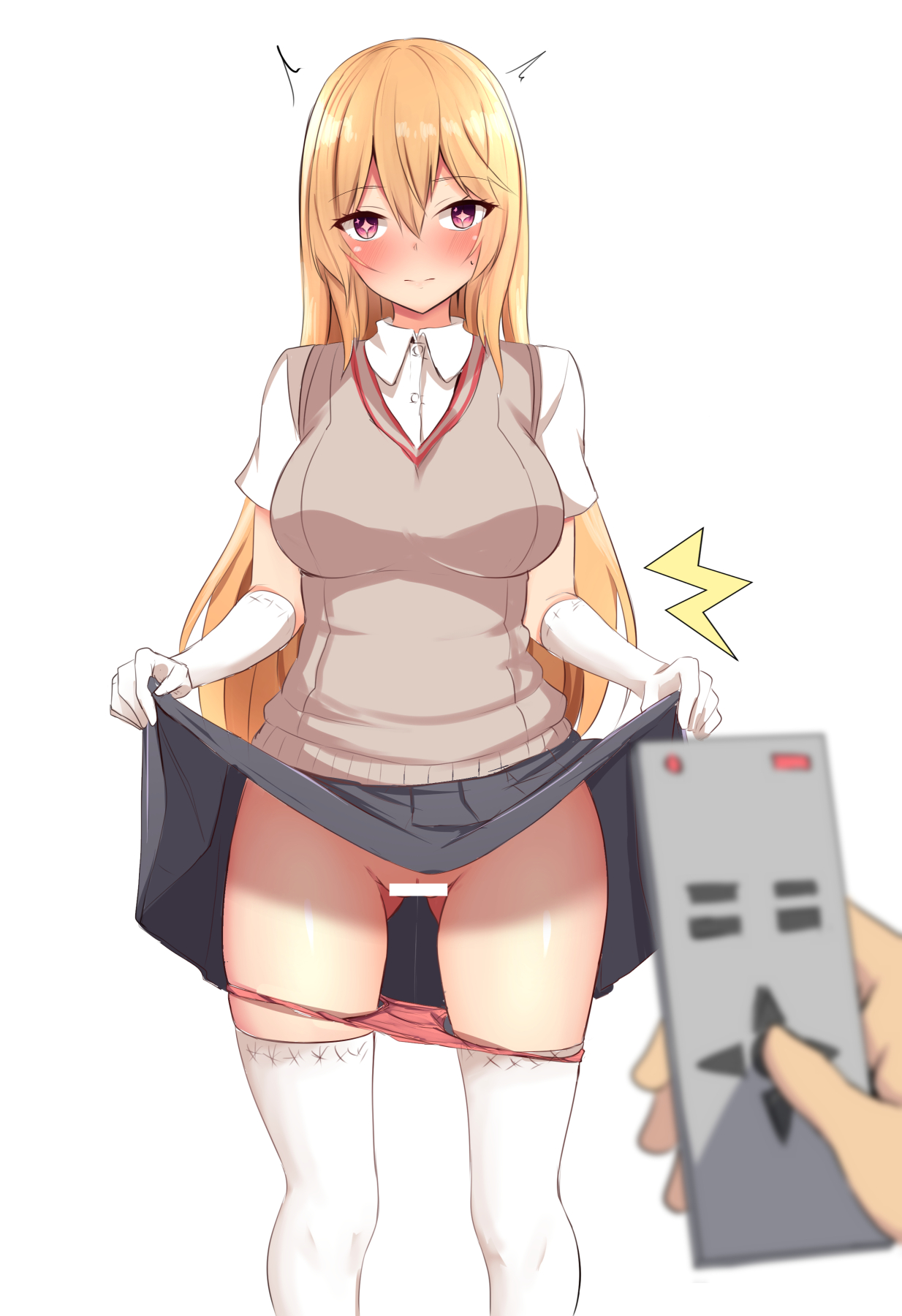 + +, alternate eye color, bar censor, baretto (karasi07), black skirt, blonde hair, blush, breasts, brown vest, censored, clothes lift, collared shirt, commentary request, controller, embarrassed, eyebrows visible through hair, feet out of frame, female, gloves, hair between eyes, highres, holding, holding remote control, large breasts, lifted by self, long hair, looking at viewer, panties, panty pull, pleated skirt, pov, pov hands, pussy, pussy juice, red eyes, remote control, remote control vibrator, school uniform, schoolgirl, sex toy, shirt, shokuhou misaki, simple background, skindentation, skirt, skirt lift, solo focus, teenage female, teenager, thighhighs, to aru kagaku no railgun, to aru majutsu no index, tokiwadai school uniform, underwear, very long hair, vest, vibrator, white background, white gloves, white legwear, white shirt, young