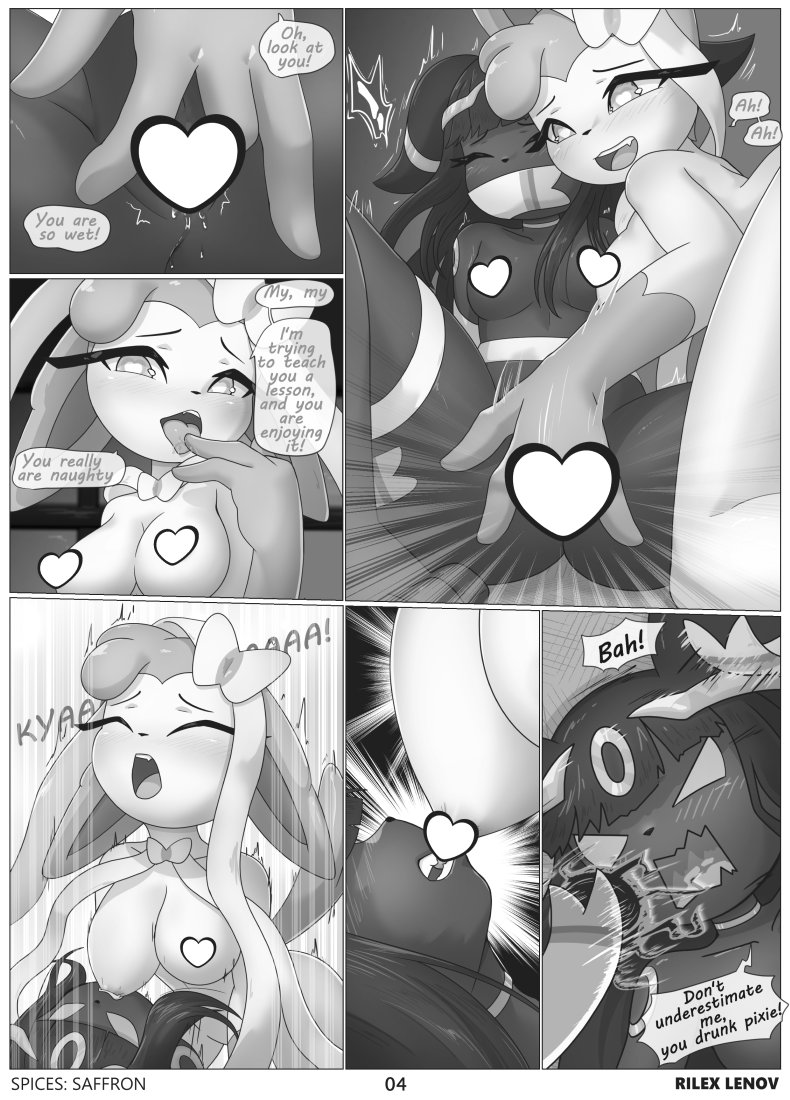 anthro anthro_on_anthro bite breasts censored comic eeveelution english_text female female/female finger_fuck fingering fingering_partner nintendo nipple_bite nipple_fetish nipple_play nude page_4 pokémon_(species) pokemon pokemon_(species) rilex_lenov sex spices:_saffron_(comic) sylveon text umbreon vaginal_penetration video_games