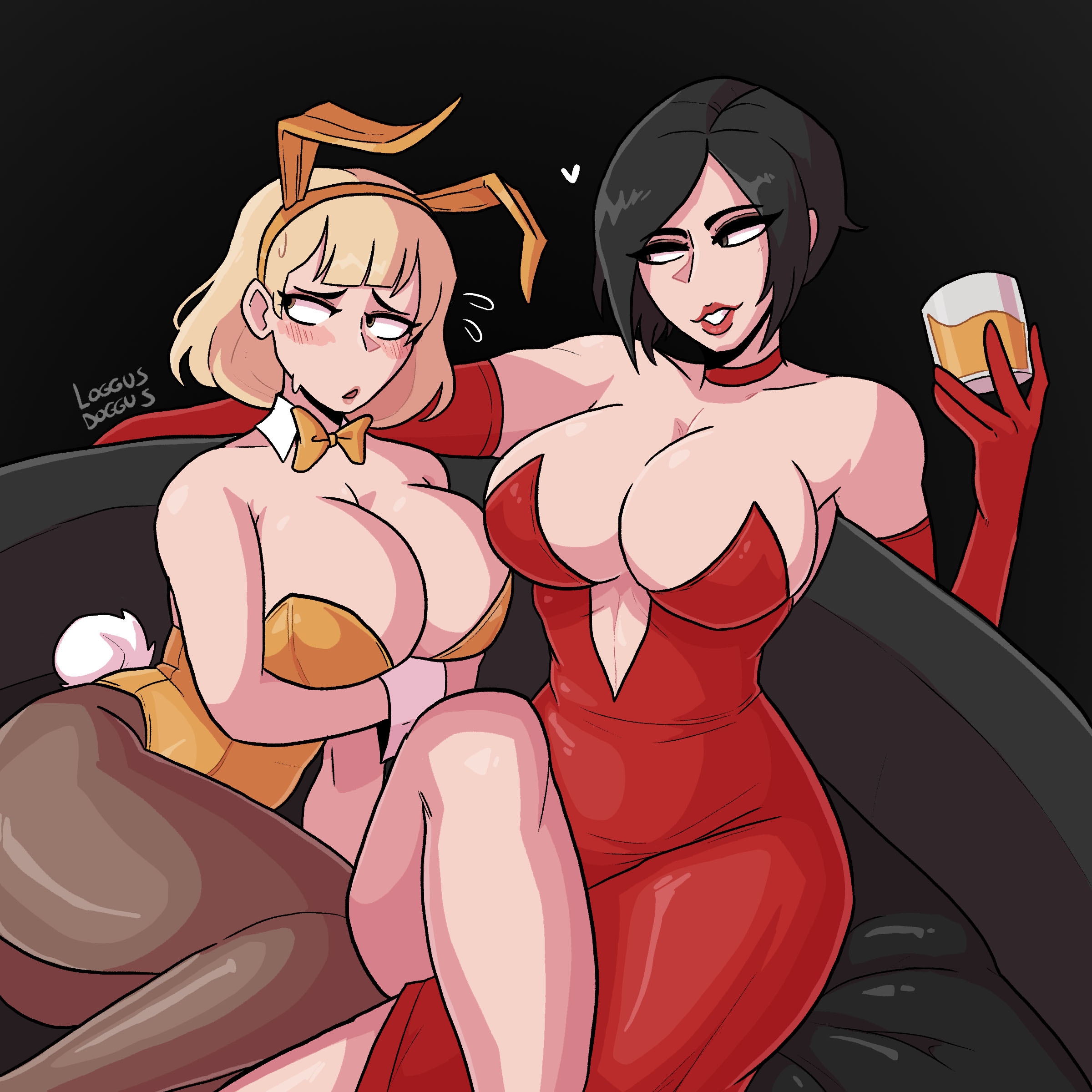 2girls, ada wong, ada wong (caroline ribeiro), alcohol, arm around shoulders, ashley graham, ashley graham (brooke elizabeth mathieson), beer, black hair, blonde, blonde hair, blush, blushing, breasts, bunny ears, bunny girl, bunny tail, bunnysuit, choker, cleavage, dress, elbow gloves, embarrassed, female, female only, gloves, gown, large breasts, leotard, loggus doggus, nervous, opera gloves, red dress, red lipstick, resident evil, resident evil 4, seductive, seductive eyes, seductive smile, shiny clothes, shiny skin, short hair, sweat, sweatdrop, yuri
