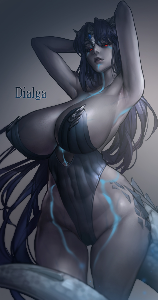 1girls alternate_breast_size armpits arms_up blue_hair breasts dialga dragon_girl dragon_tail female gradient_background grey_skin humanized kangagi97 large_breasts legendary_pokemon leotard long_hair markings parted_lips pixiv pokemon pokemon_(species) red_eyes revealing_clothes scales solo tail thigh_gap veins very_long_hair wide_hips