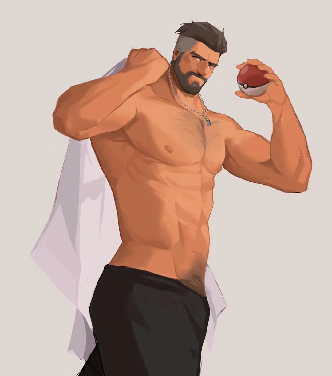 1boy abs bara beard game_freak human lab_coat labcoat lixiao6342 male male_focus male_only nintendo nipples pants pecs pokeball pokemon pokemon_sv professor_turo pubes pubic_hair topless undressing