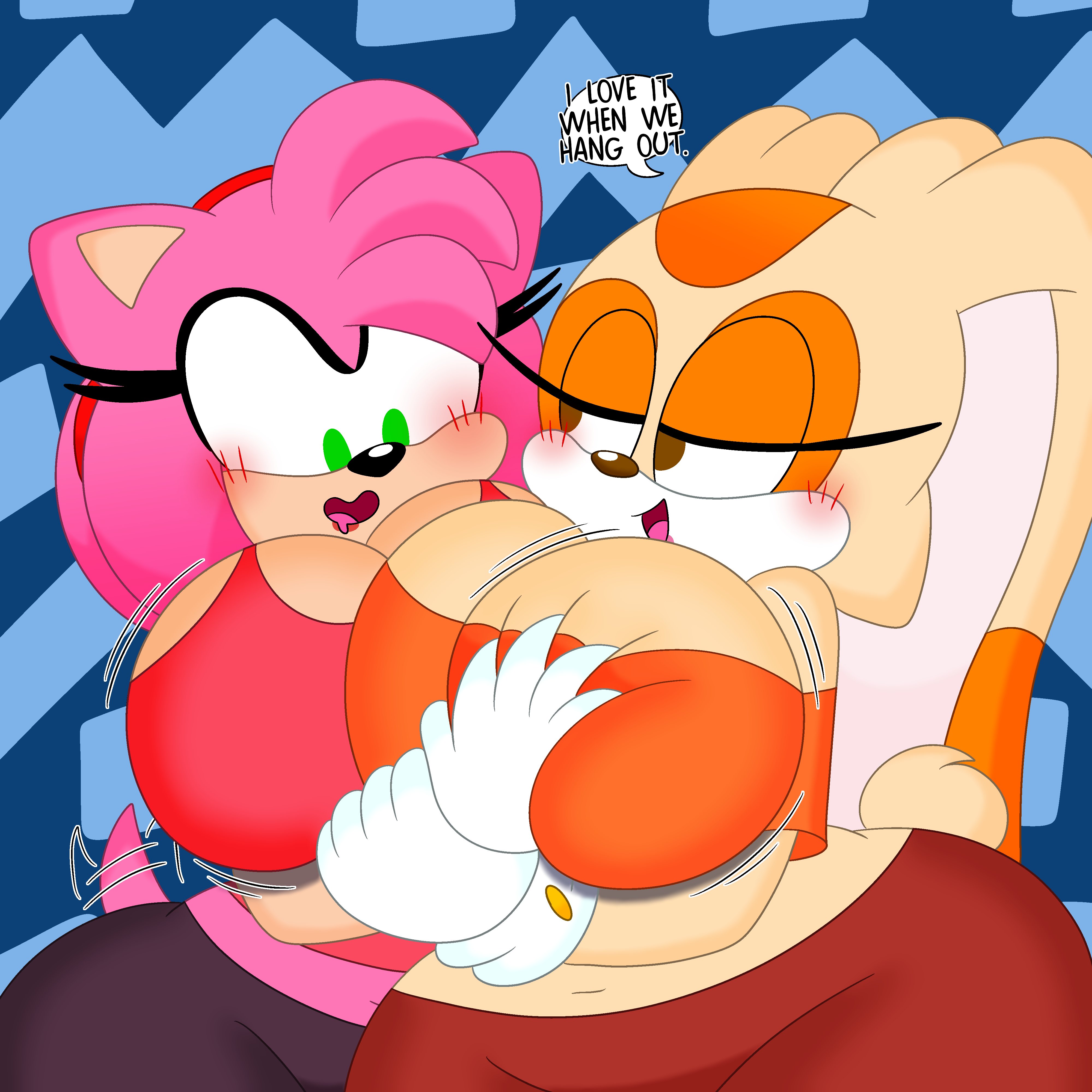 2girls, 3barts, amy rose, big breasts, breast grab, breast squish, breasts, clothing, cream the rabbit, dialogue, drooling, female, female only, groping, groping breast, hedgehog, huge breasts, lagomorph, looking at another, looking at breasts, open mouth, rabbit, sonic (series), sonic the hedgehog (series), thick thighs, wide hips, yuri