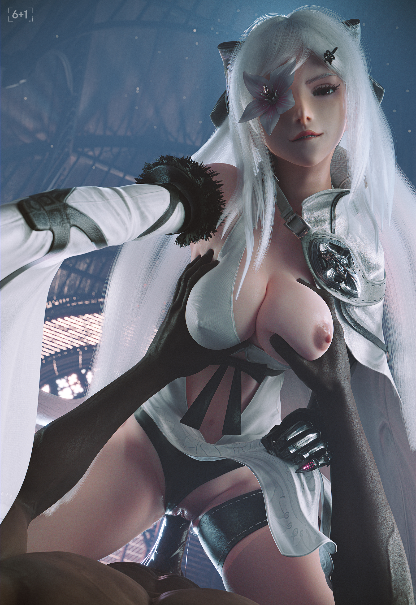 3d, big breasts, biting lip, breasts, cowgirl position, dark skin, dark-skinned male, drag-on dragoon, drag-on dragoon 3, drakengard, drakengard 3, eye patch, female, female on top, female penetrated, grabbing another's breast, grabbing breasts, hetero, hetero sex, interracial, large breasts, large penis, light skin, light-skinned female, lip biting, long hair, male, male penetrating, male penetrating female, male pov, male/female, nipples, one breast out, pale skin, pale-skinned female, panties aside, penetration, penile penetration, penis, penis in pussy, pussy, sex, sixplusone, straight, straight sex, tagme, vaginal, vaginal penetration, vaginal sex, white hair, zero (drag-on dragoon), zero (drakengard)