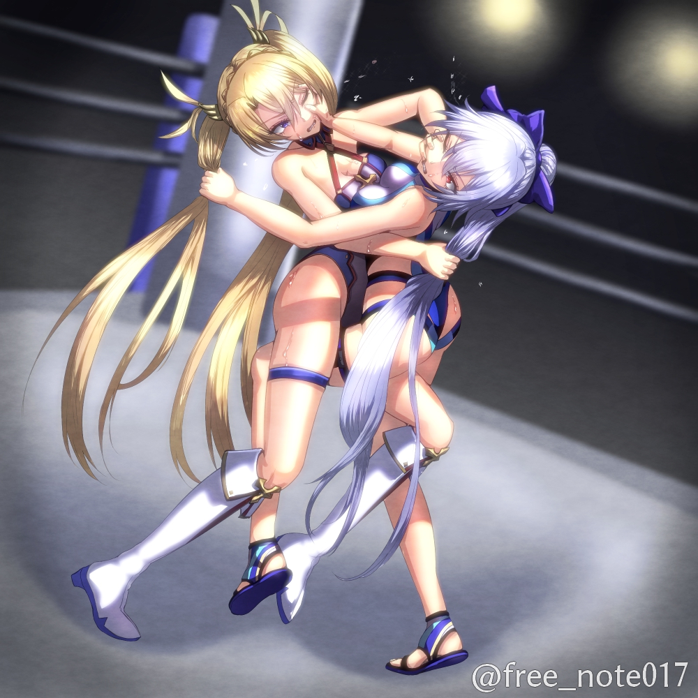 2girls ahoge angry angry_face annoyed annoyed_expression annoyed_face artist_name artist_signature battle big_breasts black_background blonde_hair blue_bow blue_eyes blue_leotard blue_ribbon blue_sandals blue_swimsuit blue_swimwear boots bow boxing boxing_ring bradamante_(fate) braid braided_hair braids breast_press breast_squeeze breasts catfight crown_braid fate/grand_order fate_(series) fight fighting fighting_ring free_note017 furrowed_eyebrows glare glaring gritted_teeth gritting_teeth hair_ornament hair_pull hair_ribbon hairbow legs legs_apart legs_spread leotard light-skinned_female light_skin long_hair long_legs multiple_girls one_eye_closed open_mouth ponytail ponytails pose posing pulling pulling_hair punch punching pushing pushing_away red_eyes ribbon sandals simple_background skin_tight skin_tight_suit skinny skinny_girl skintight skintight_suit spotlight spotlights spread_legs spreading_legs sweat sweatdrop sweating sweaty sweaty_thighs swimsuit swimwear thigh_boots thighs thin_female thin_waist tied_hair tight_clothes tight_clothing tight_fit tight_swimsuit tight_swimwear tomoe_gozen_(fate) tomoe_gozen_(swimsuit_saber) tomoe_gozen_(swimsuit_saber)_(fate) twintails twintails_(hairstyle) very_long_hair white_boots white_hair white_leotard white_swimsuit white_swimwear white_thigh_boots wrestling wrestling_femdom wrestling_ring