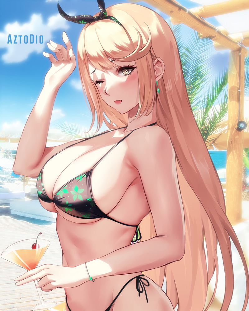 1girls, 2022, alternate breast size, artist signature, azto dio, bangs, beach, bikini, black bikini, blonde hair, breasts, female, female only, gold eyes, hips, huge breasts, long hair, mythra, nintendo, outdoors, side-tie bikini, slim waist, swept bangs, wide hips, xenoblade (series), xenoblade chronicles 2