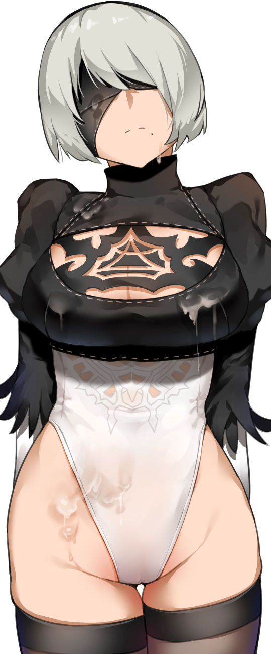 1girls, bakkanki, blindfold, breasts, cameltoe, closed mouth, cum, cum on body, cum on breasts, cum on clothes, cum on face, cum on lower body, cum on stomach, cum on upper body, emotionless, expressionless, female, female focus, female only, gloves, hairband, highres, leotard, mole, mole under mouth, nier (series), nier: automata, pussy, robot, robot girl, short black hair, short hair, simple background, solo, solo female, thighhighs, white background, white blindfold, white hair, white hairband, white legwear, yorha 2b