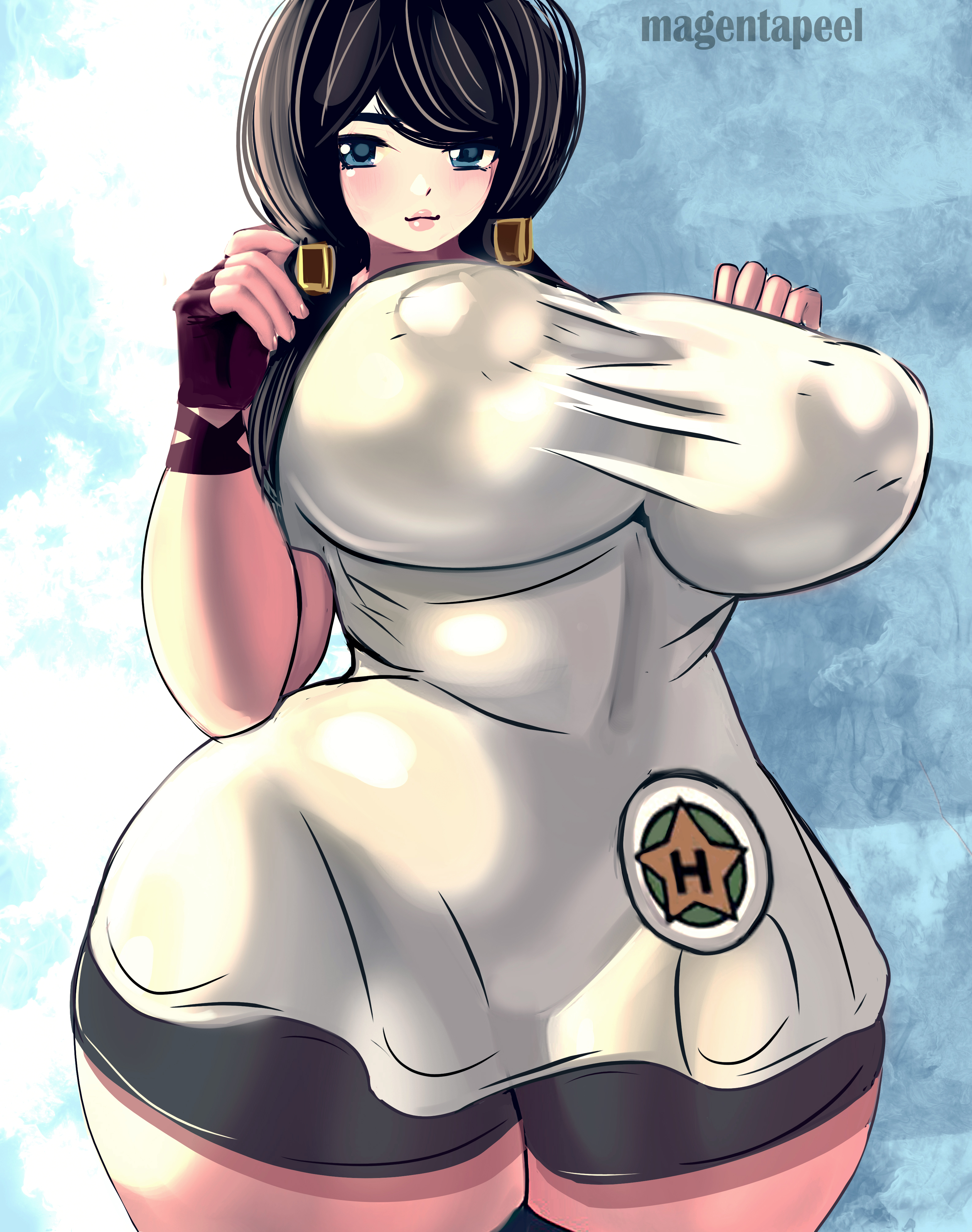 1girls, big breasts, black hair, blue eyes, breasts, chubby, chubby female, dragon ball, dragon ball super, dragon ball z, drawing, fanart, female, female only, huge breasts, large breasts, lingerie, magentapeel, milf, muscles, videl