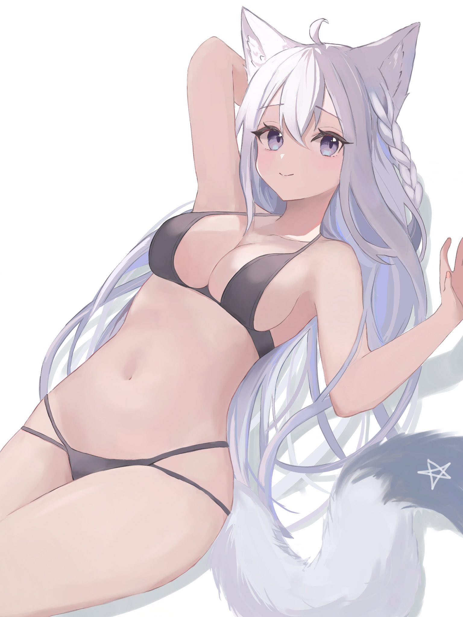 ahoge, animal ear fluff, animal ears, ao kotoha, arm behind head, arm up, bare arms, bikini, black bikini, braid, breasts, cowboy shot, eyebrows visible through hair, female, fox ears, fox girl, fox tail, grey eyes, hair between eyes, halterneck, highres, hololive, hololive gamers, hololive gen 1, hololive japan, long hair, looking at viewer, lying, medium breasts, multi-strapped bikini, navel, on back, shirakami fubuki, simple background, smile, solo, stomach, swimsuit, tail, thighs, virtual youtuber, white background, white hair, white tail