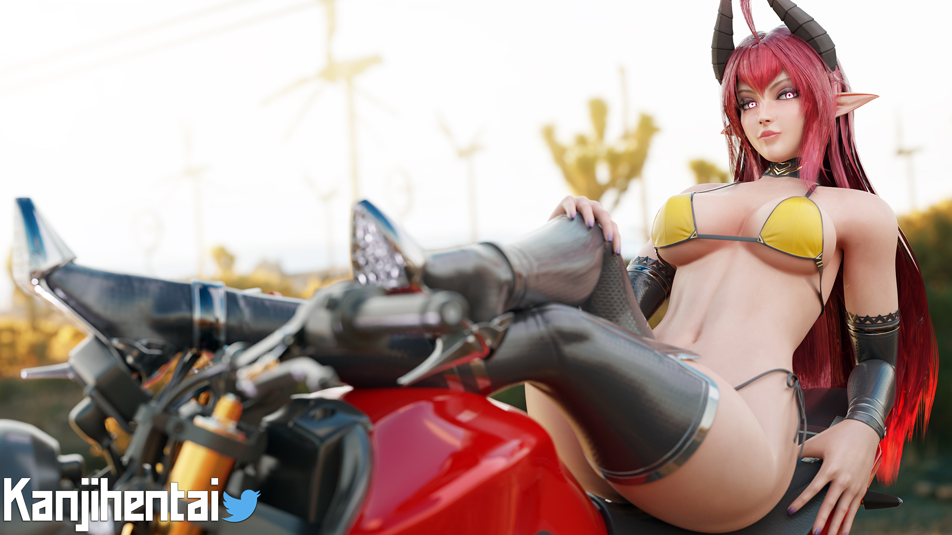 1girls, 3d, 3d (artwork), 3dx, bike, bikini, boots, breasts, busty, collar, demon, elf ears, female, gloves, glowing eyes, high heels, horns, kanjihentai, large breasts, long boots, long hair, motorcycle, nail polish, original character, pointy ears, red hair, ryanreos, side-tie bikini, sinia, sitting, stockings, succubus, succubus horns, swimsuit, tail, thigh boots, twitter username, underboob