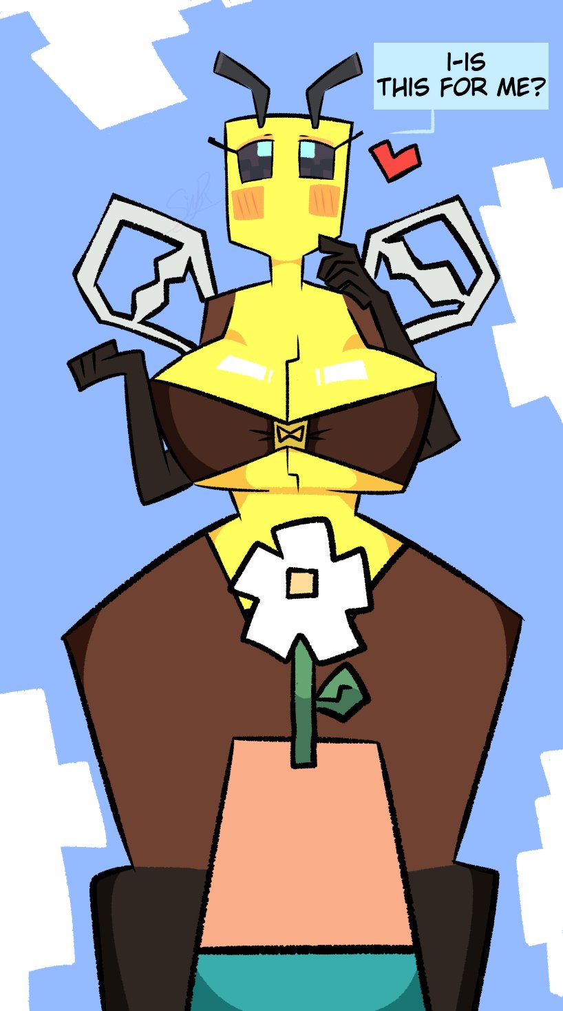 1girls, antennae, anthro, bee, bee (minecraft), big breasts, black sclera, blue eyes, blush, breasts, cleavage, female, female only, flower, heart, hourglass figure, insect girl, insects, minecraft, mouthless, offscreen character, outside, pixelzsinful, shiny skin, wide hips, wings