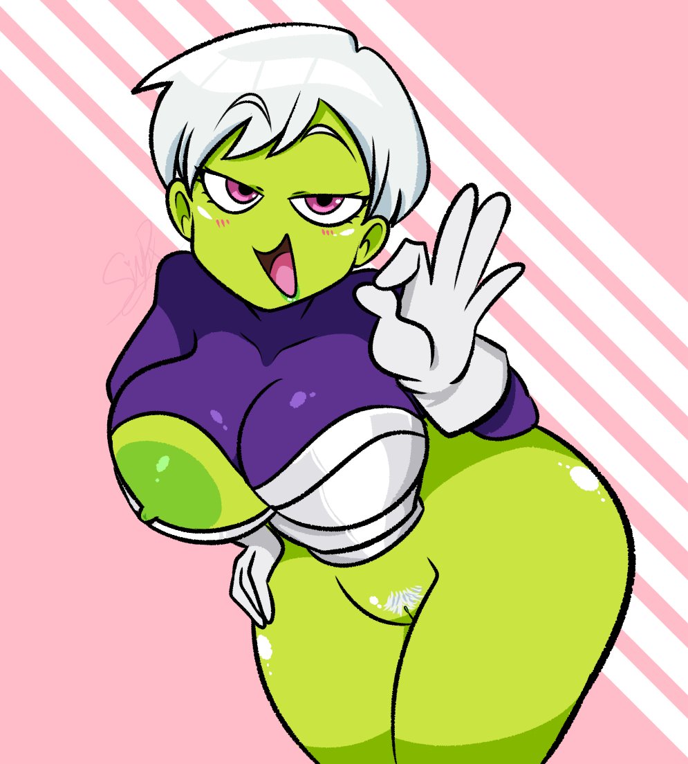 1girls alien alien_girl big_breasts breasts cheelai dragon_ball dragon_ball_super female female_only green_skin large_areolae ok_sign pixelzsinful pubic_hair pussy saankyu shounen_jump thick_thighs white_hair wide_hips