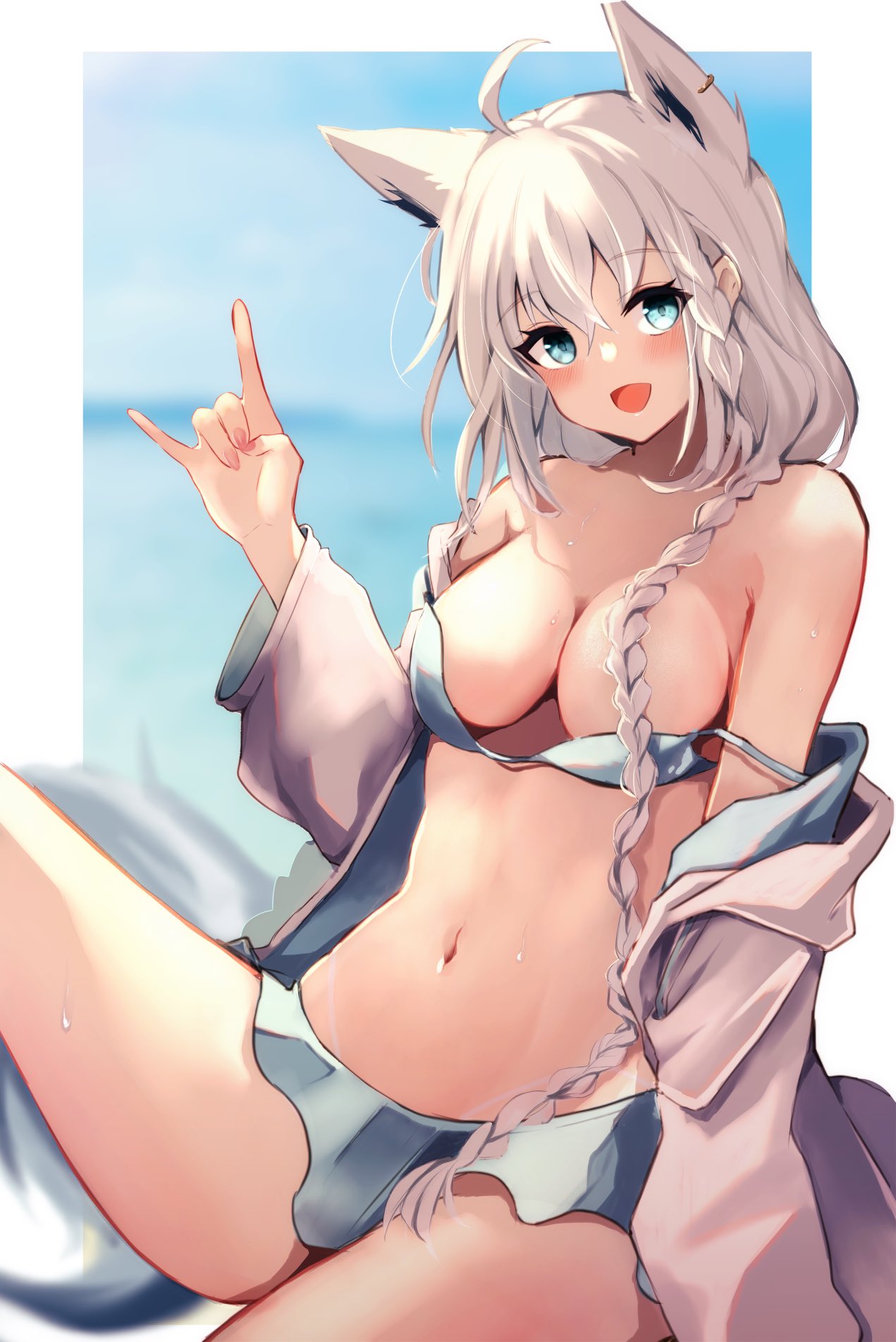 :d, ahoge, animal ears, aqua eyes, bikini, braid, breasts, female, fox ears, fox girl, fox shadow puppet, fox tail, highres, hololive, hololive gamers, hololive gen 1, hololive japan, jacket, jacket partially removed, long hair, medium breasts, midriff, navel, open mouth, shirakami fubuki, side braid, sitting, smile, solo, strap slip, swimsuit, tail, tako 8 yaki, virtual youtuber, wet, white hair
