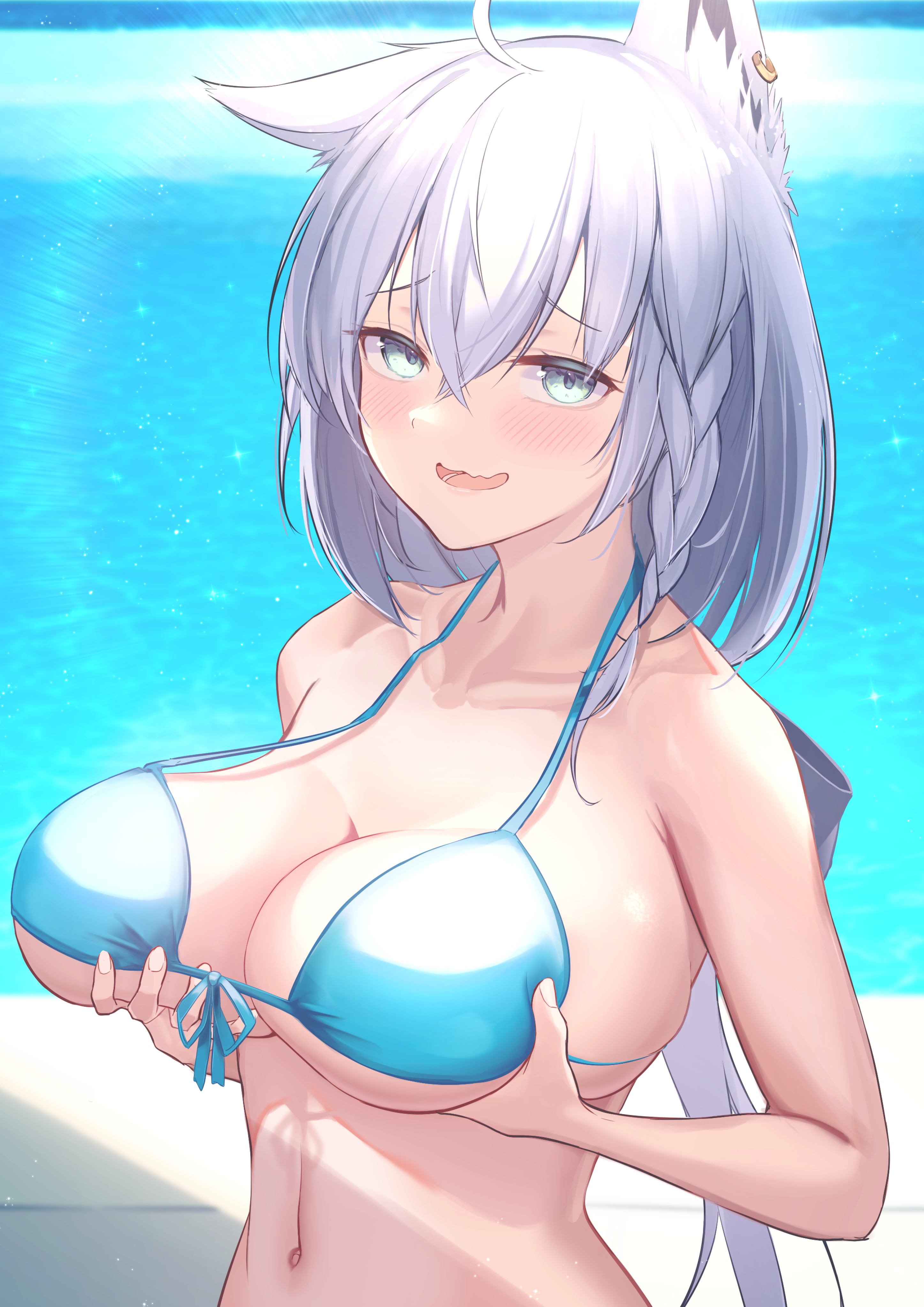 absurdres, ahoge, alternate breast size, animal ear fluff, animal ears, bikini, bikini top only, blue bikini, blush, bra, braid, breast hold, breasts, cleavage, eyebrows visible through hair, female, fox ears, fox girl, green eyes, hair between eyes, highres, hololive, hololive gamers, hololive gen 1, hololive japan, large breasts, long hair, looking at viewer, navel, ocean, open mouth, shirakami fubuki, single braid, smile, solo, sora shitatoge, swimsuit, underwear, upper body, virtual youtuber, water, white hair