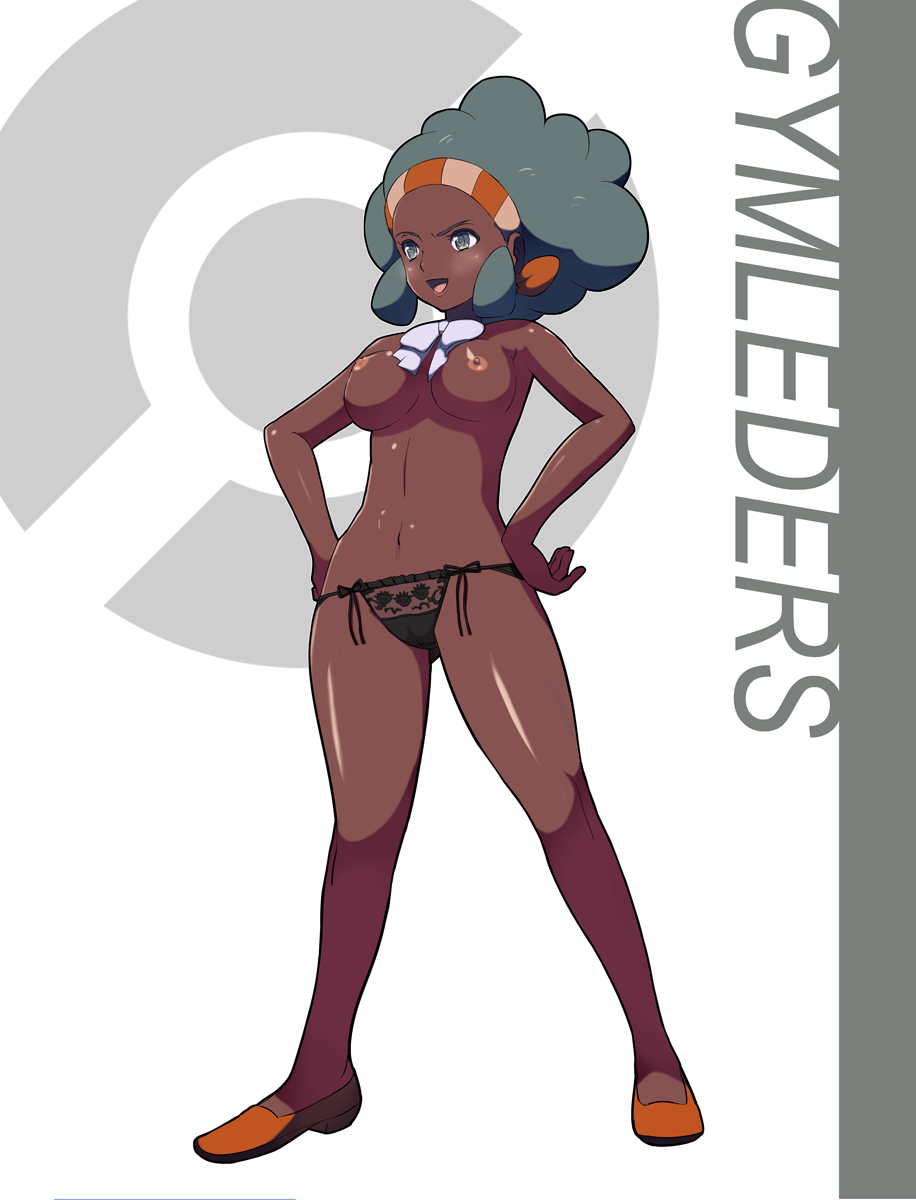 afro aloe_(pokemon) blush dark-skinned_female dark_skin female gym_leader highres human human_only lenora_(pokemon) makoto_daikichi nintendo pokemon pokemon_bw