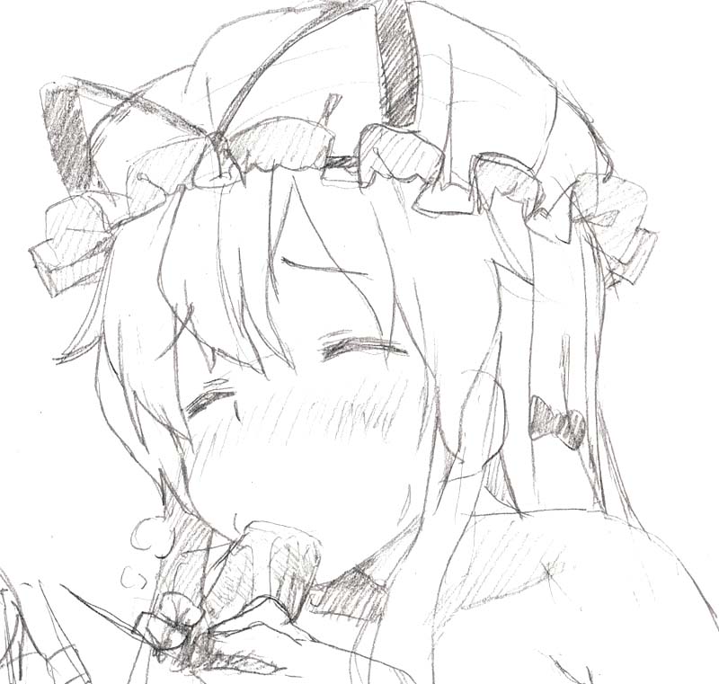 closed_eyes fellatio grafite_(medium) hat kaisen_chuui monochrome oral penis sketch touhou traditional_media uncensored yukari_yakumo