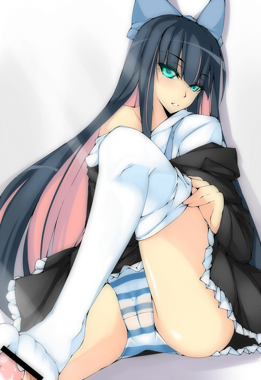 blush cameltoe censored dean feet footjob footjob_with_footwear green_eyes hair_ribbon highres long_hair multicolored_hair open_mouth panties panty_&_stocking_with_garterbelt pantyshot pantyshot_(sitting) pantyshot_sitting penis ribbon sitting sock_pull solo stocking_anarchy striped striped_panties thighhighs two_tone_hair underwear undressing