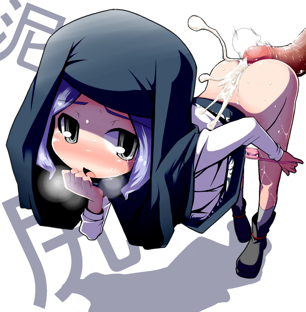 ass bent_over bottomless buttjob cum cum_on_ass ejaculation grey_eyes hand_to_mouth hood ichirin_kumoi panties panty_pull penis purple_hair pussy_juice solo sweat tan tan_lines tanline tear touhou underwear yofukashi