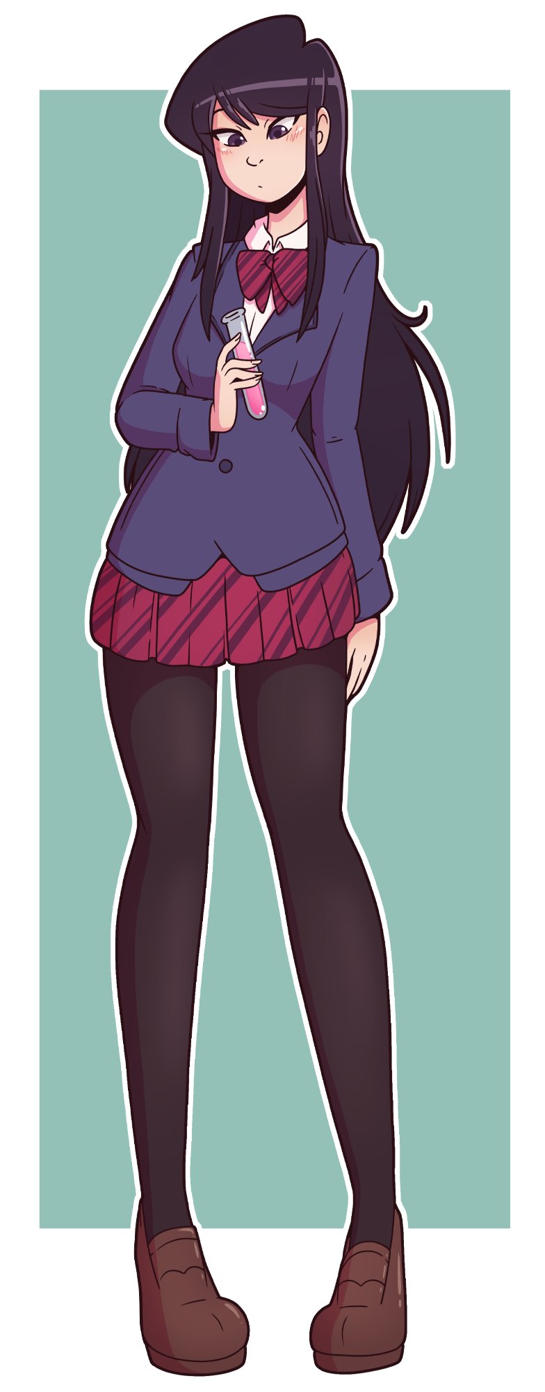 1girls, black hair, color, female, green background, komi shouko, komi-san wa komyushou desu, long hair, long legs, pantyhose, potion, school uniform, shy, solo, white background, white skin, wrenzephyr2